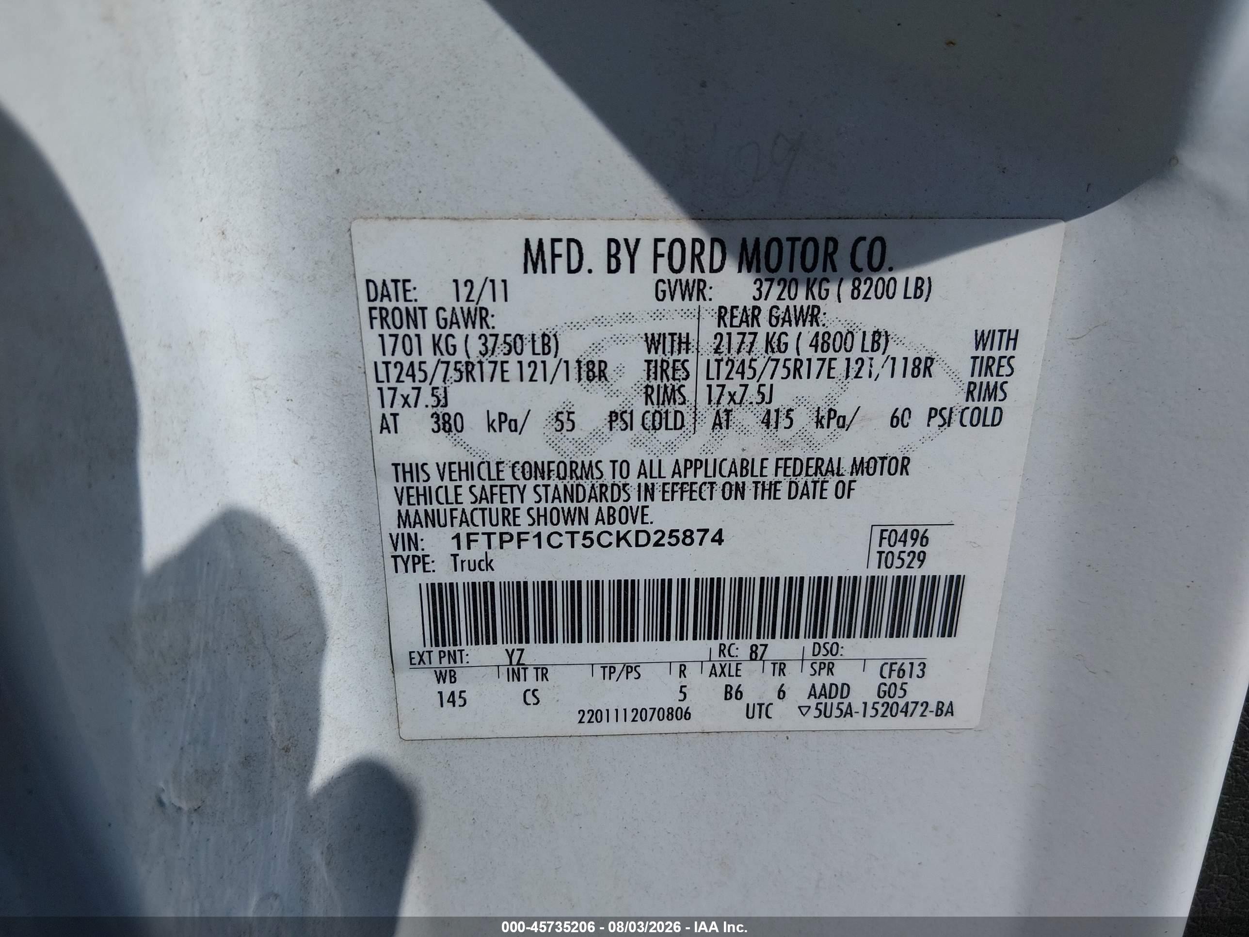 2012 Ford F-150 Xl W/hd Payload Pkg Белый vin: 1FTPF1CT5CKD25874