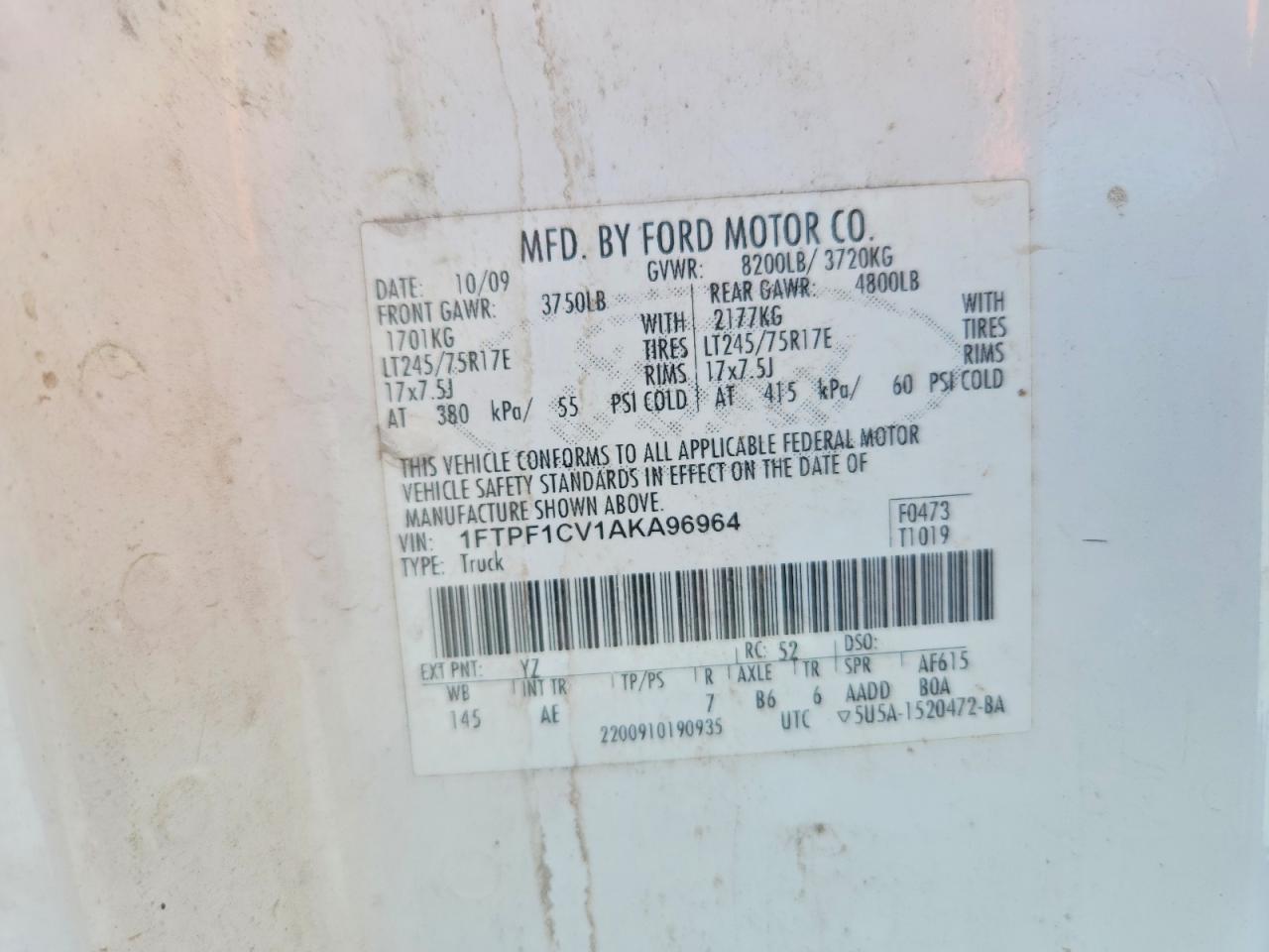 2010 Ford F150 White vin: 1FTPF1CV1AKA96964