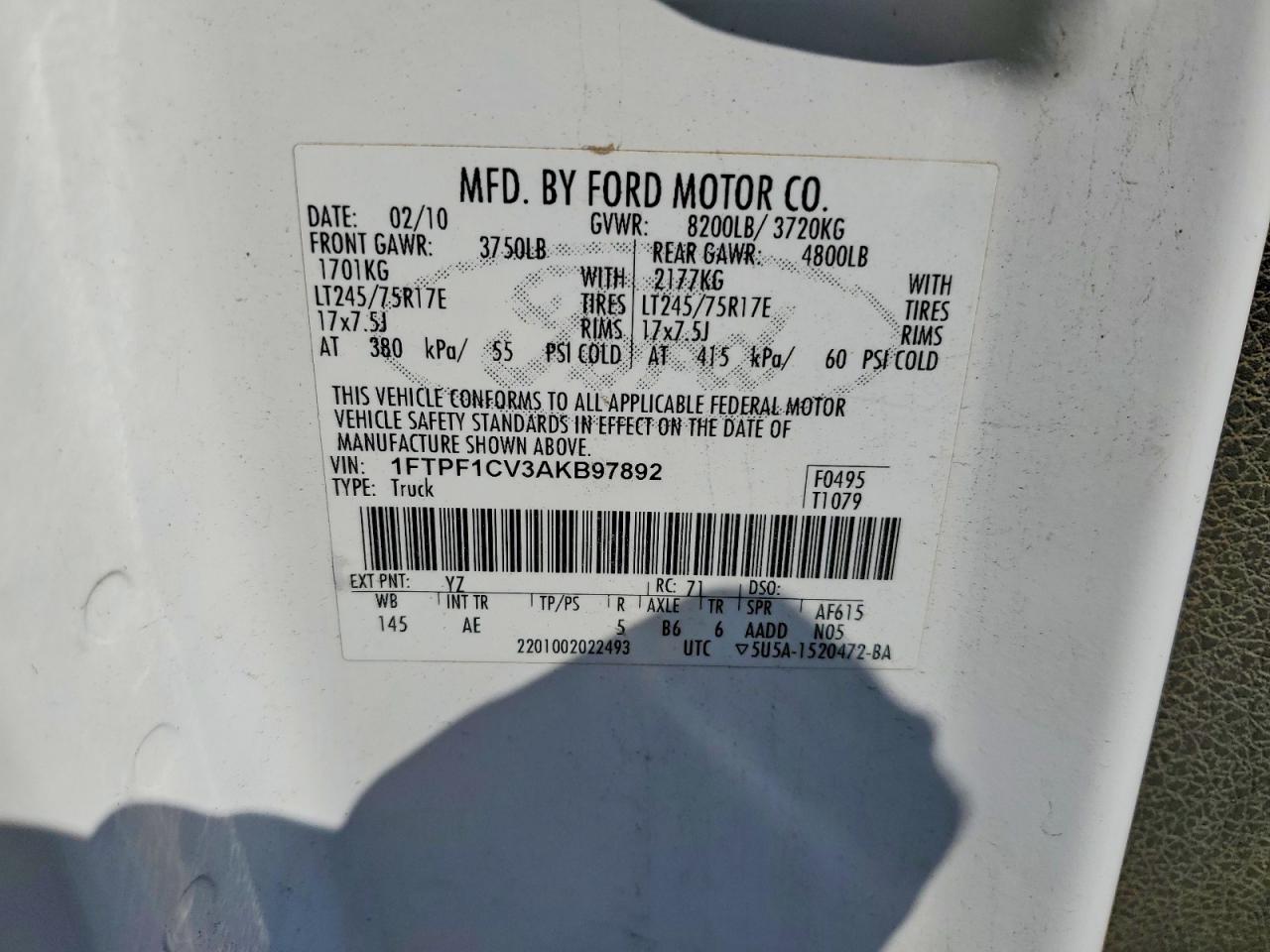 2010 Ford F150 White vin: 1FTPF1CV3AKB97892
