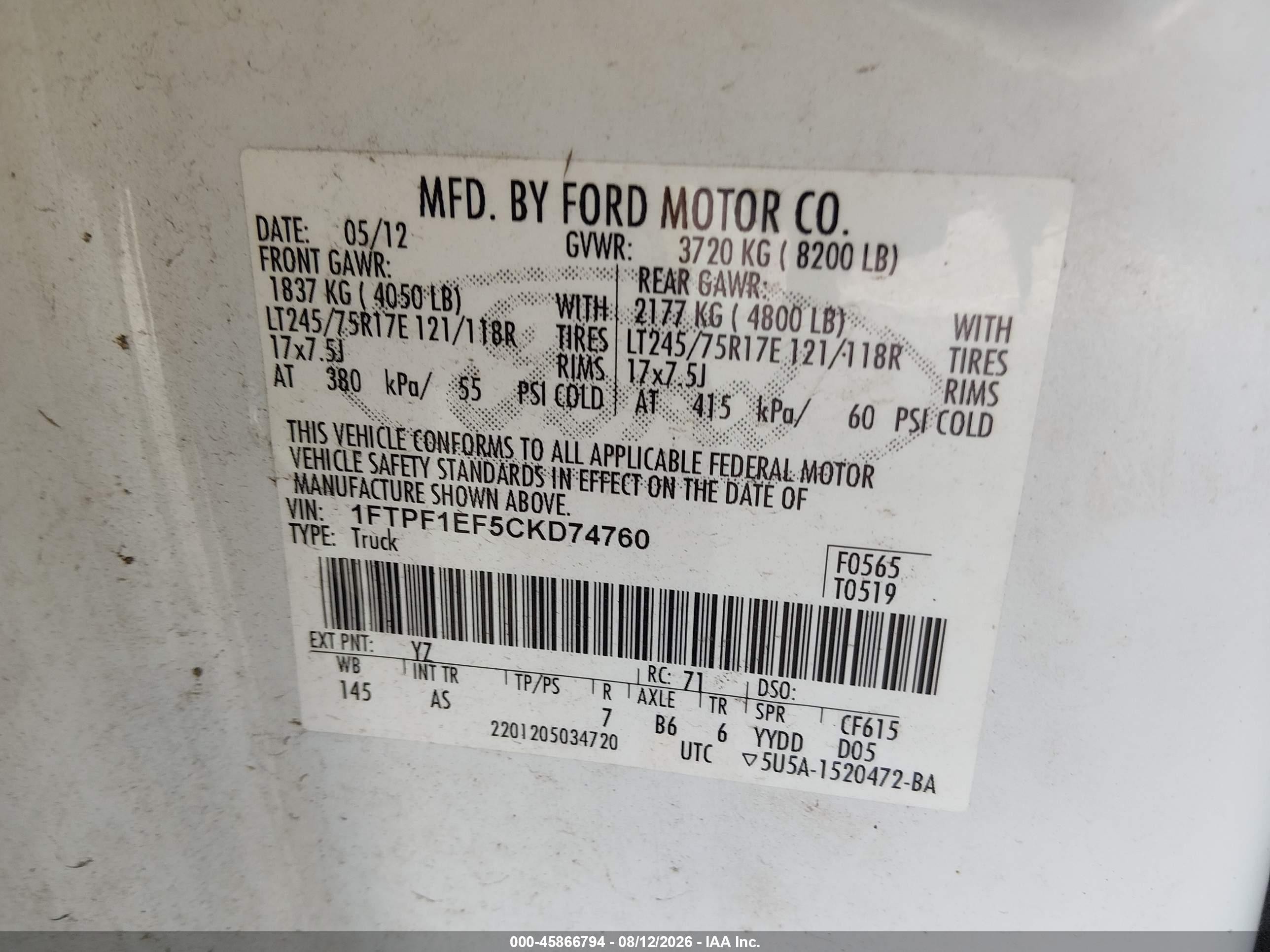 2012 Ford F-150 Xl W/hd Payload Pkg White vin: 1FTPF1EF5CKD74760