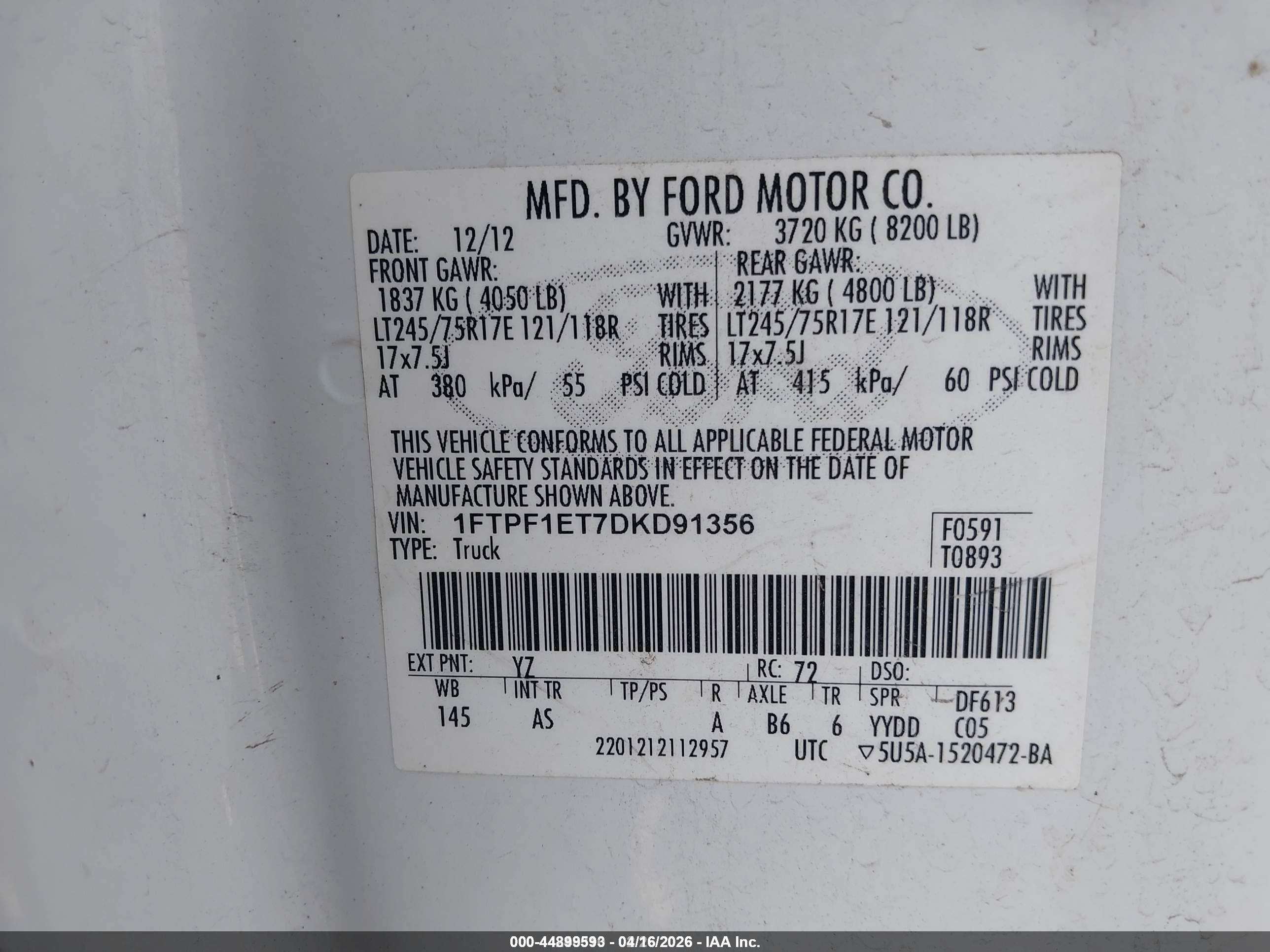2013 Ford F-150 Xl White vin: 1FTPF1ET7DKD91356