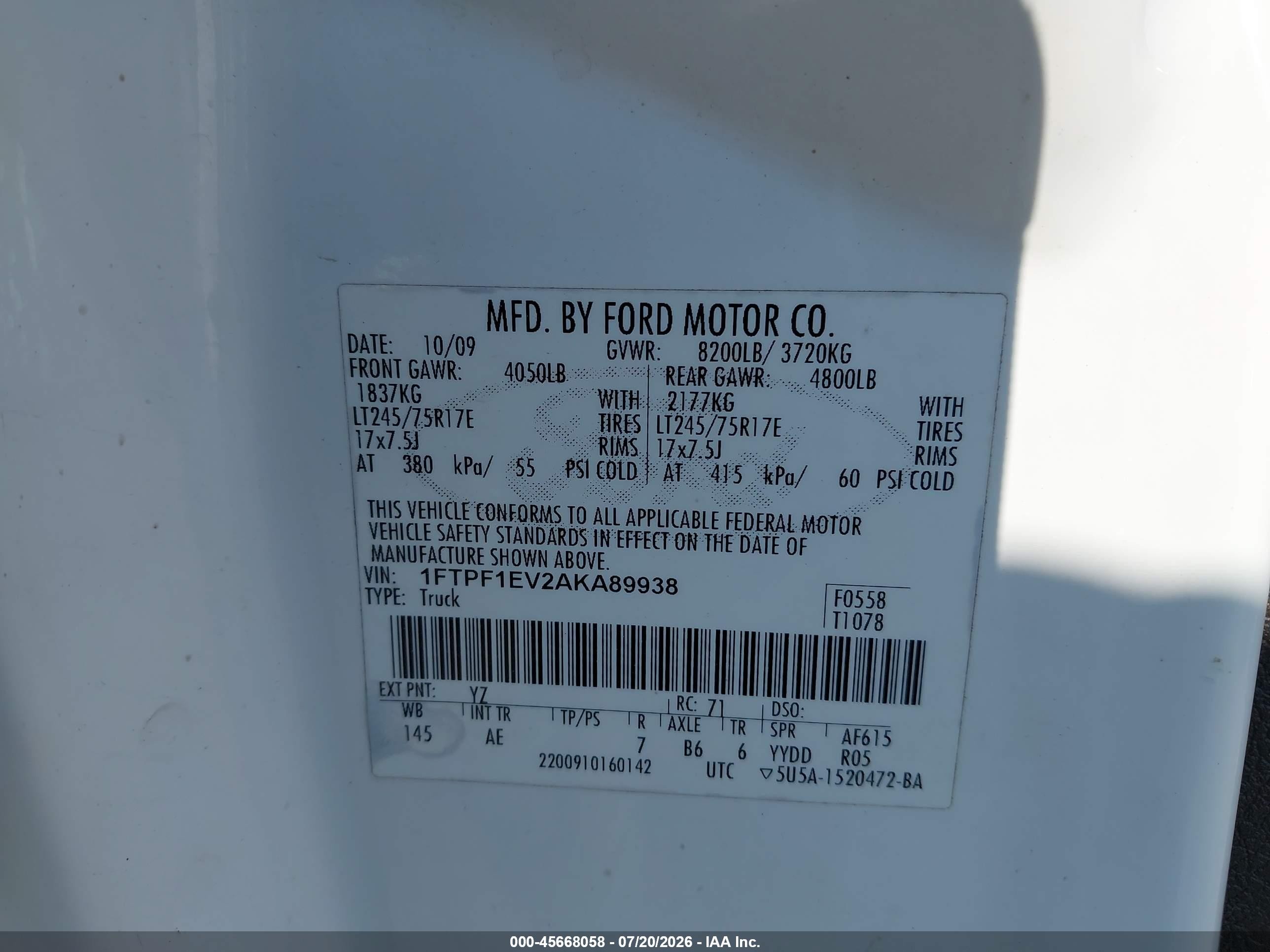 2010 Ford F-150 Xl/xl W/mid-box Prep/xlt/xlt W/mid-box Prep White vin: 1FTPF1EV2AKA89938