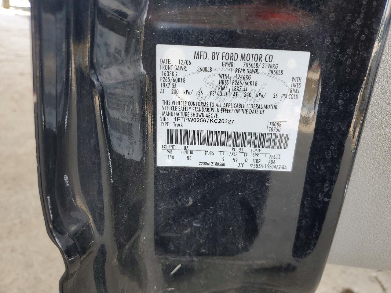 2007 Ford F150 Supercrew Black vin: 1FTPW02567KC20327