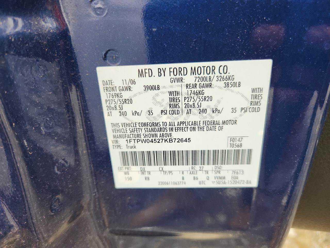 2007 Ford F150 Supercrew Blue vin: 1FTPW04527KB72645