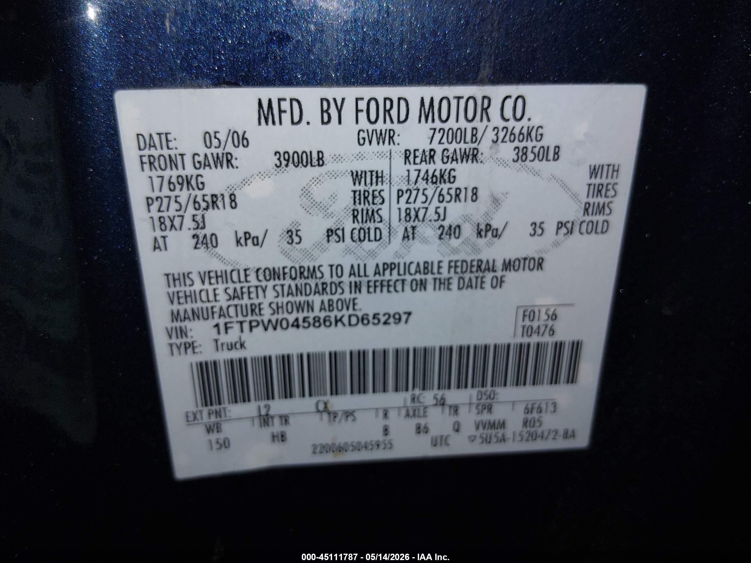 2006 Ford F-150 Fx4/xlt Blue vin: 1FTPW04586KD65297