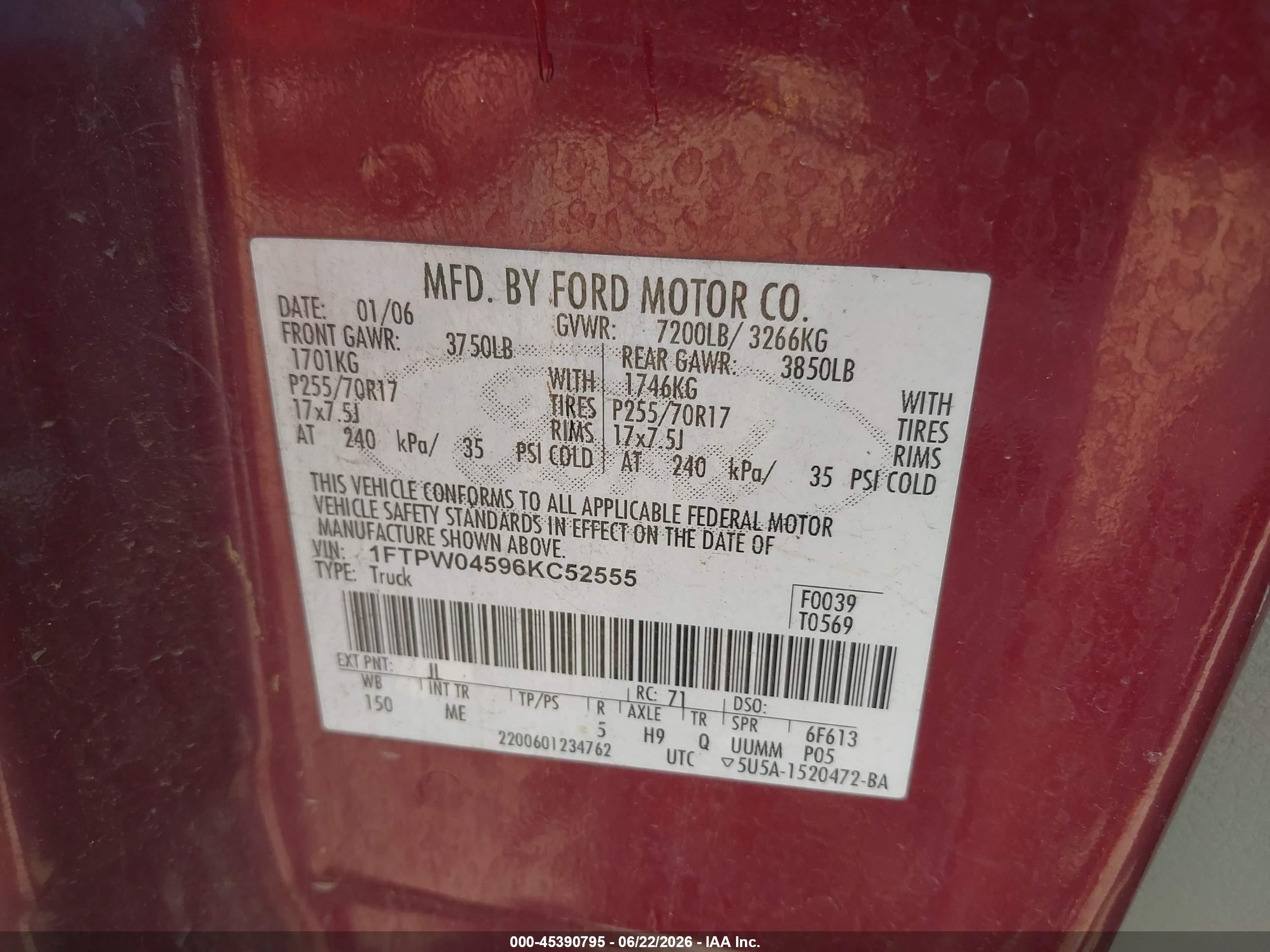 2006 Ford F-150 Fx4/xlt Burgundy vin: 1FTPW04596KC52555