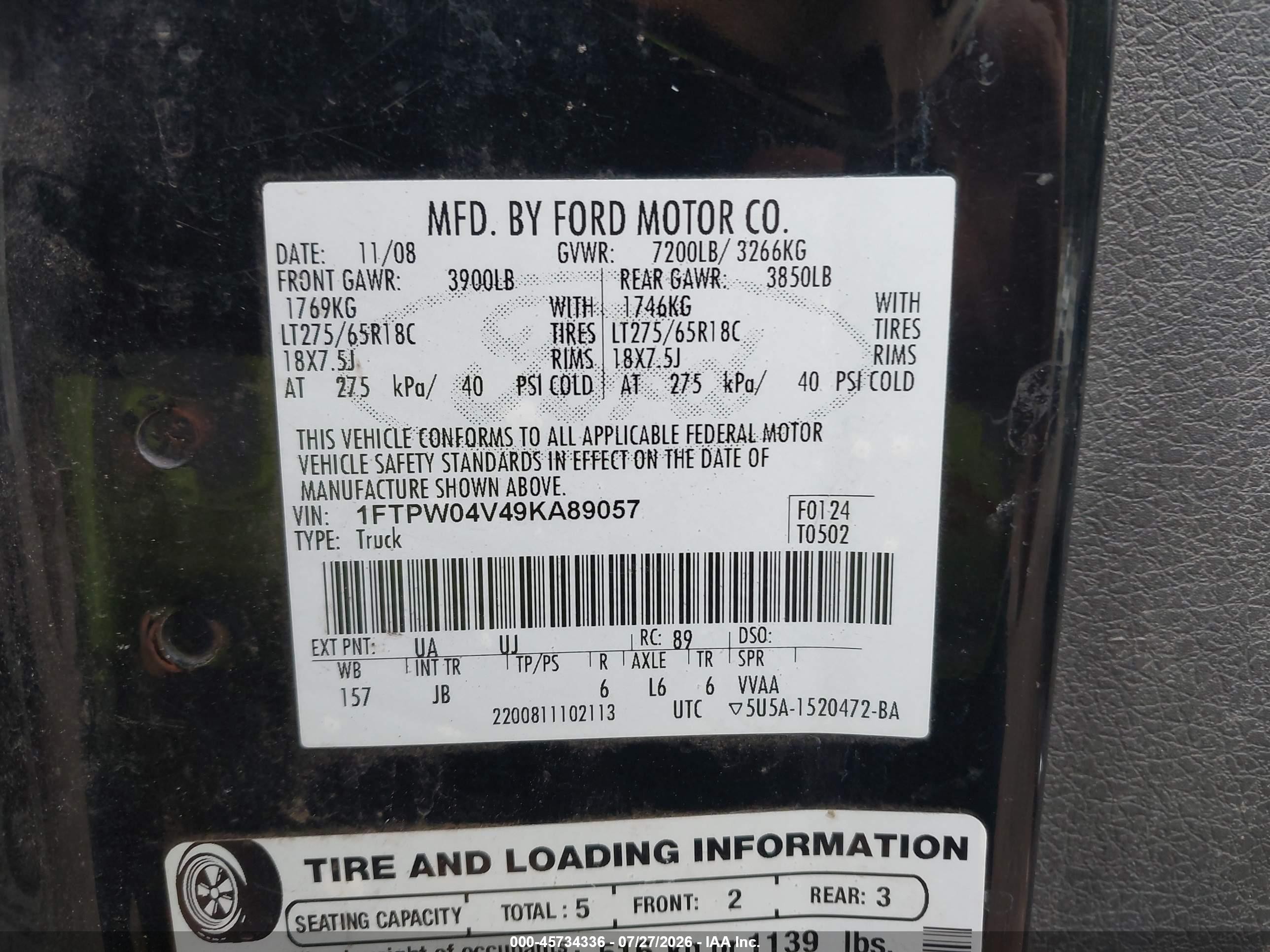 2009 Ford F-150 Fx4/xlt Black vin: 1FTPW04V49KA89057