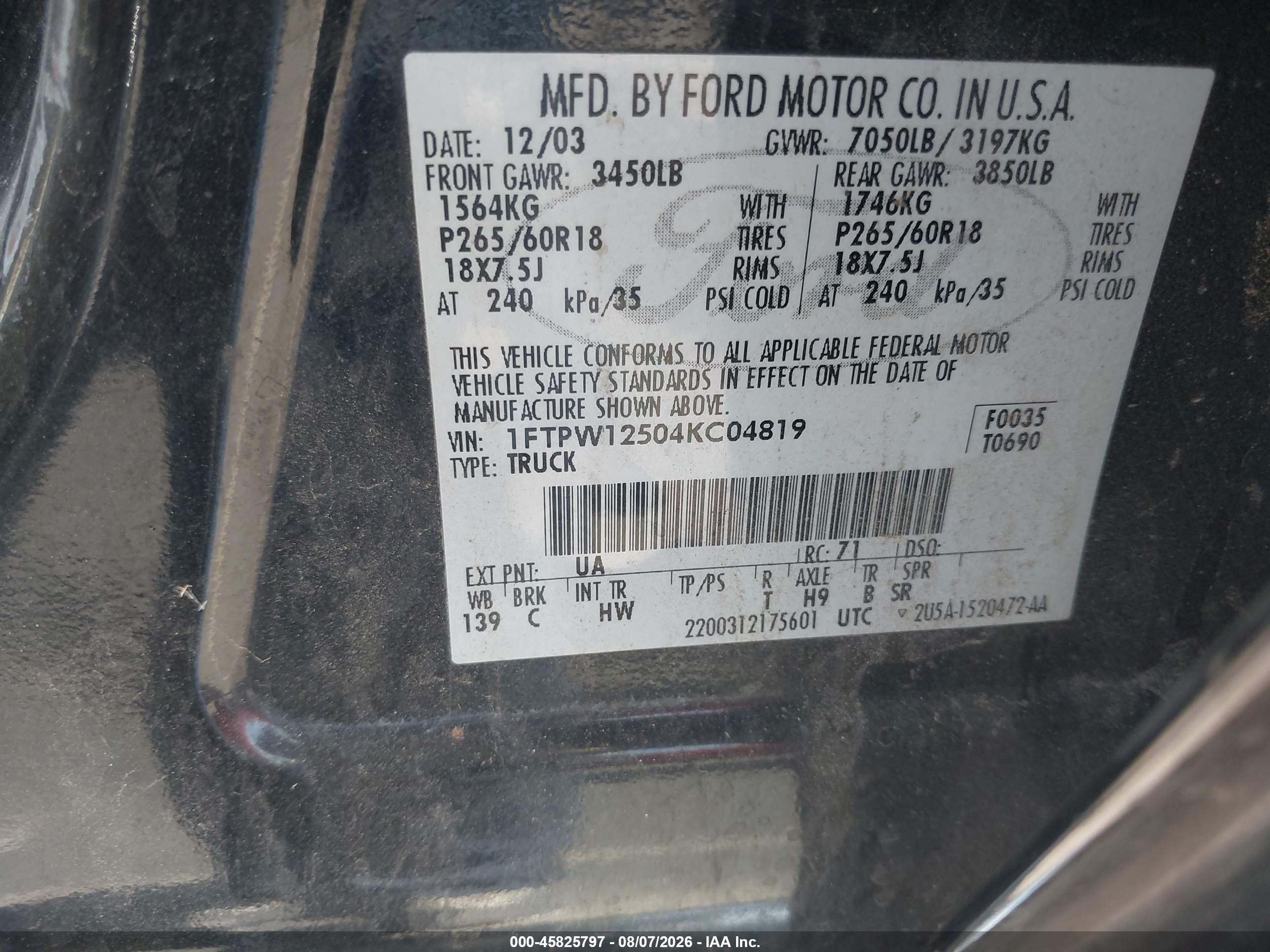 2004 Ford F-150 Lariat/xlt Black vin: 1FTPW12504KC04819