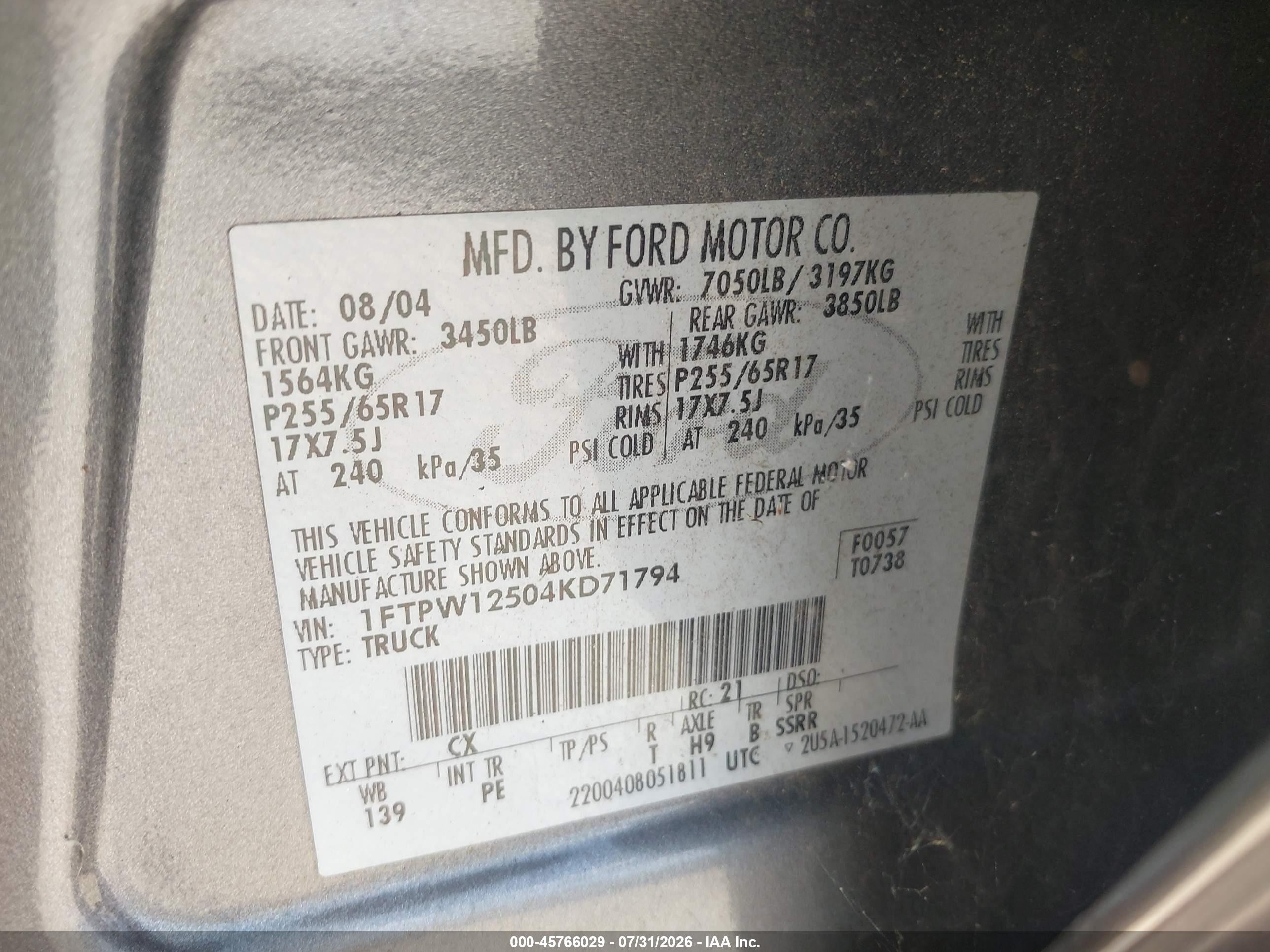 2004 Ford F-150 Lariat/xlt Gray vin: 1FTPW12504KD71794