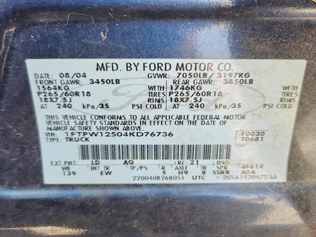 2004 Ford F150 Supercrew Blue vin: 1FTPW12504KD76736