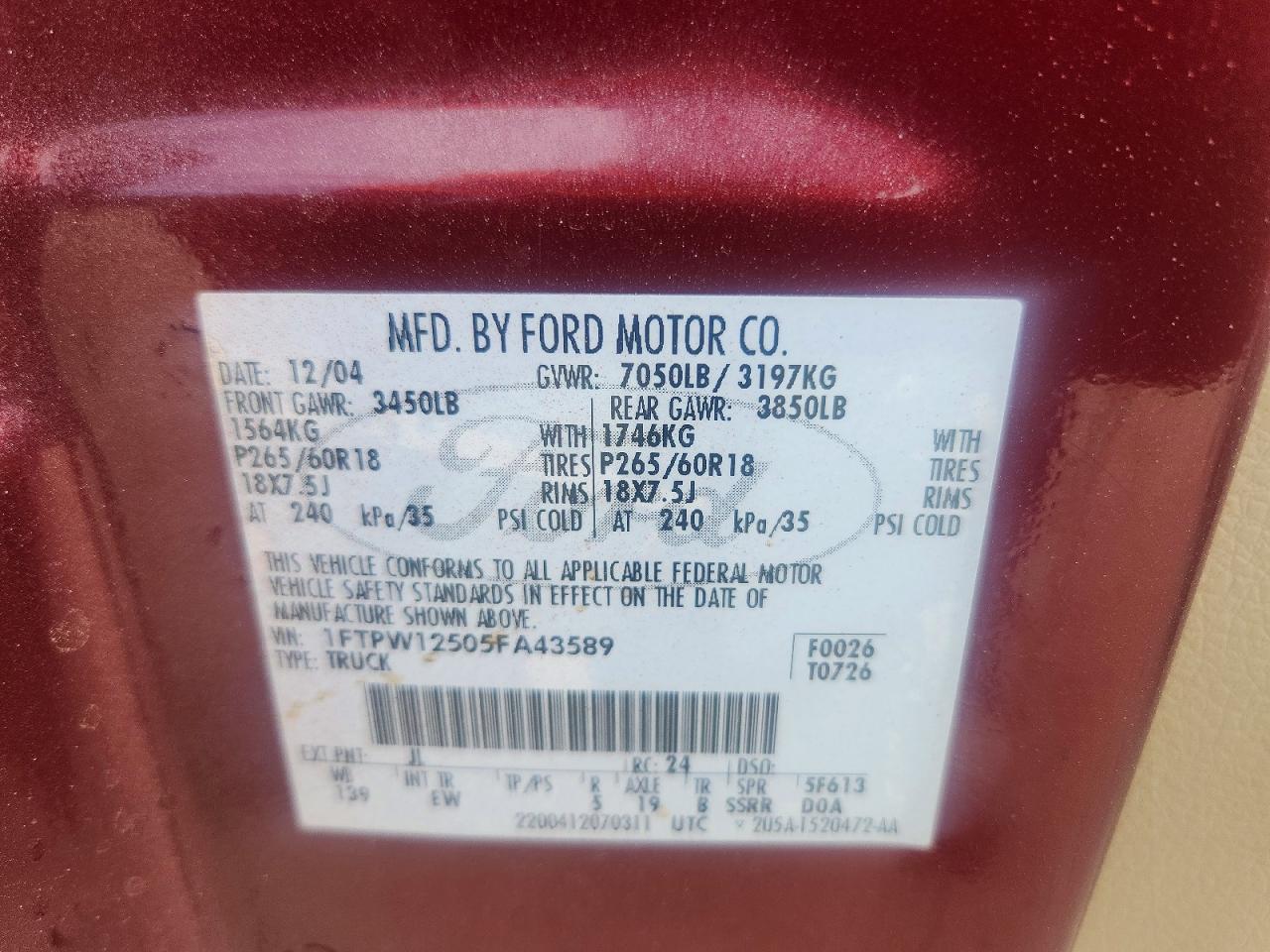 2005 Ford F150 Supercrew Burgundy vin: 1FTPW12505FA43589