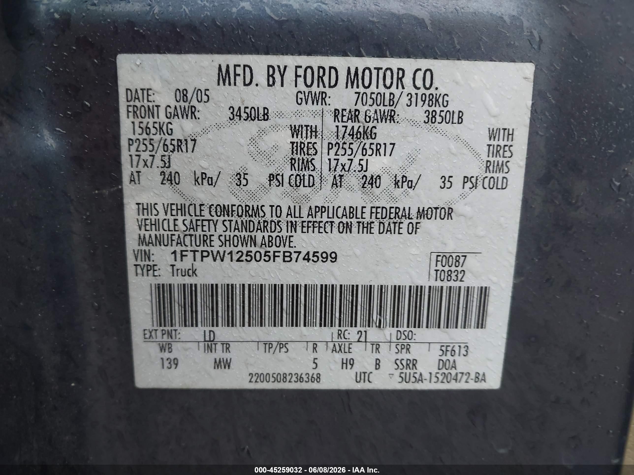 2005 Ford F-150 Lariat/xlt Blue vin: 1FTPW12505FB74599