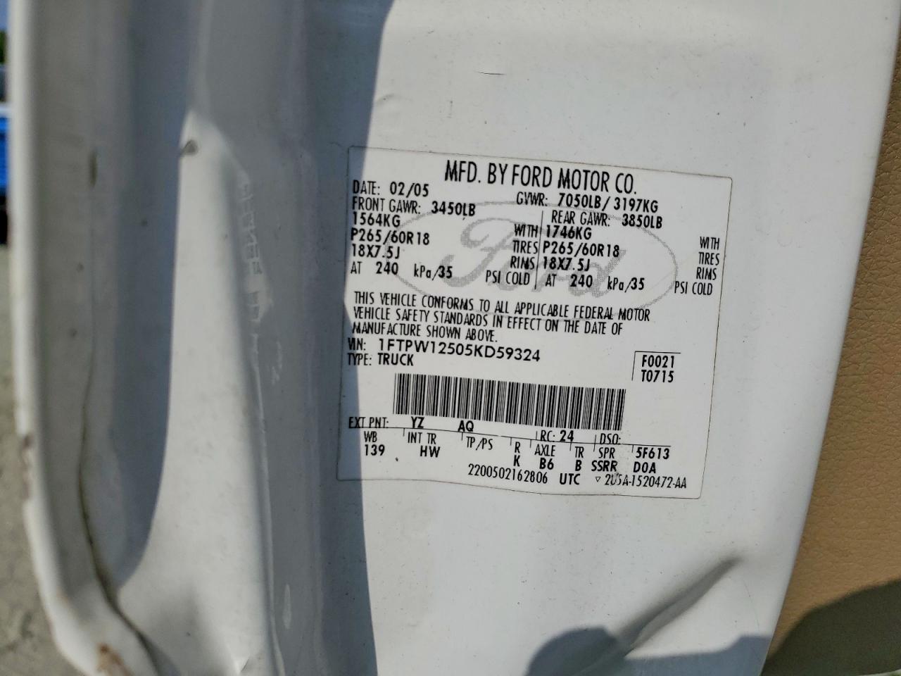 2005 Ford F150 Supercrew Белый vin: 1FTPW12505KD59324