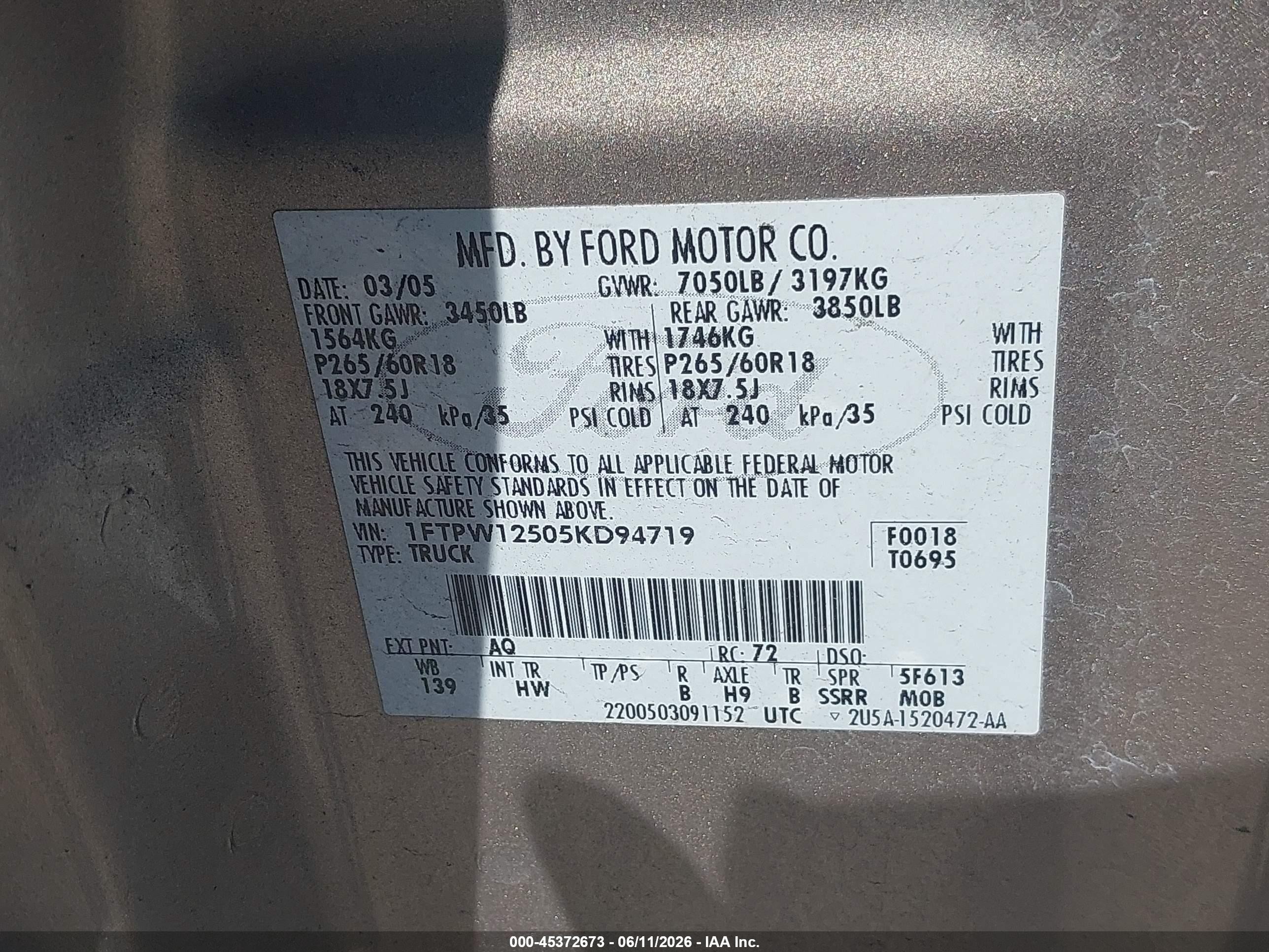 2005 Ford F-150 Lariat/xlt Brown vin: 1FTPW12505KD94719