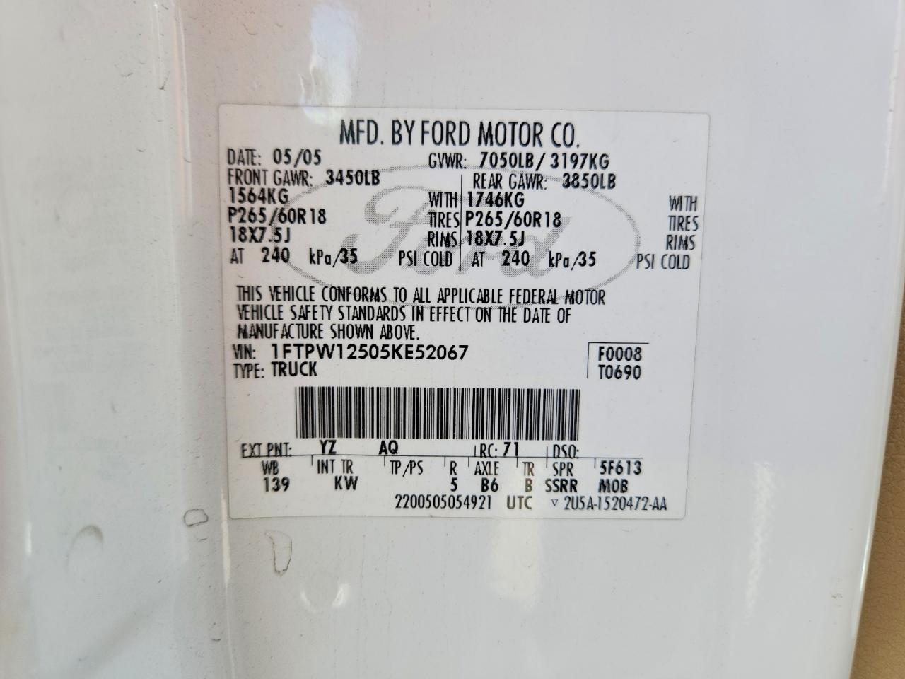2005 Ford F150 Белый vin: 1FTPW12505KE52067