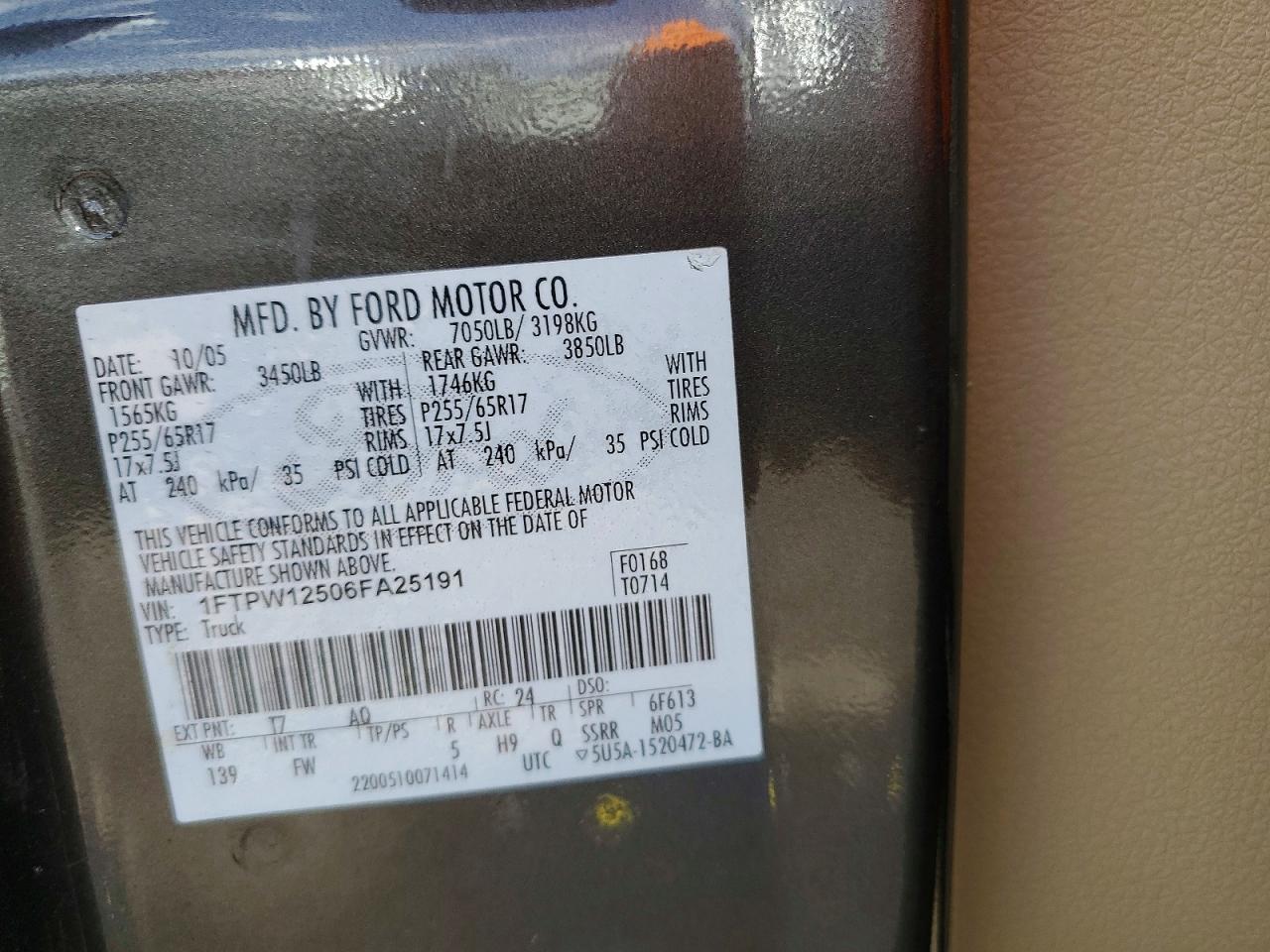 2006 Ford F150 Supercrew Серый vin: 1FTPW12506FA25191