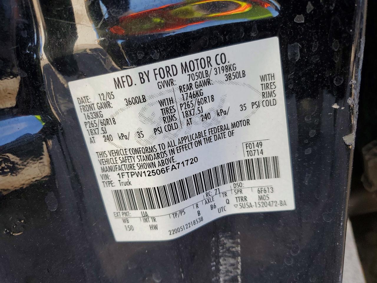 2006 Ford F150 Supercrew Black vin: 1FTPW12506FA71720