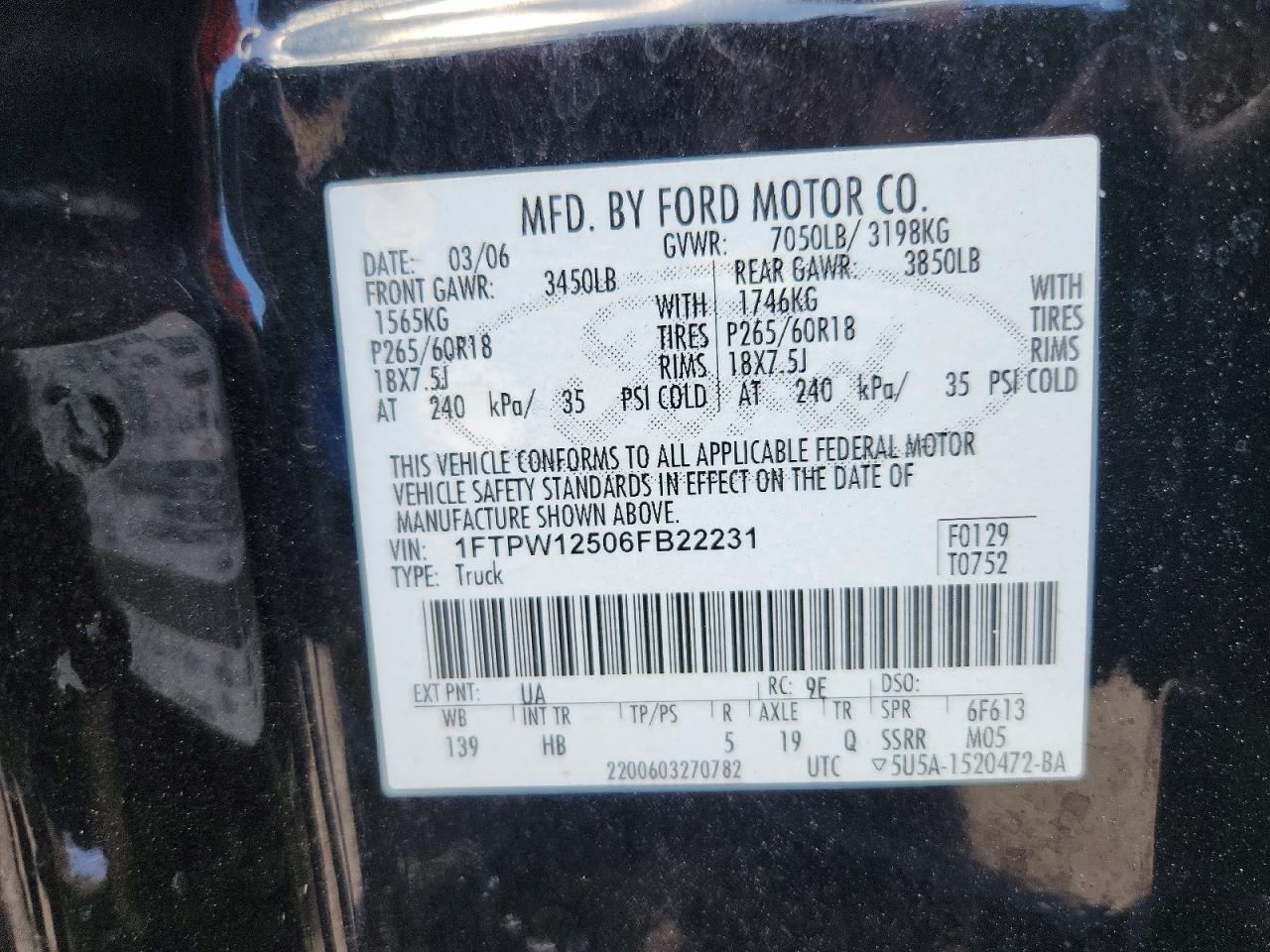 2006 Ford F150 Supercrew Black vin: 1FTPW12506FB22231