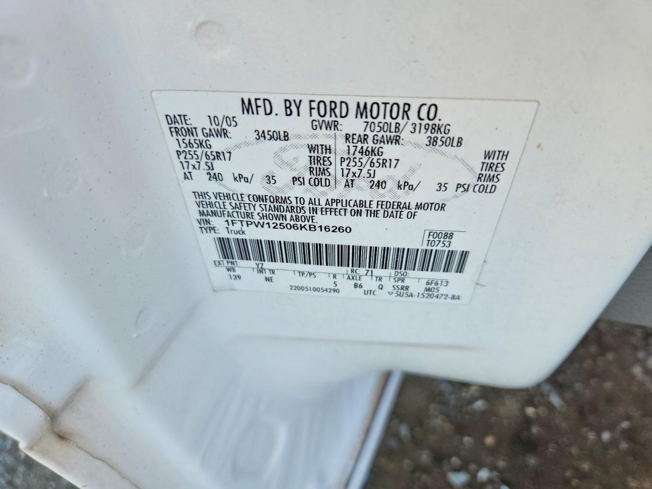 2006 Ford F150 Supercrew White vin: 1FTPW12506KB16260