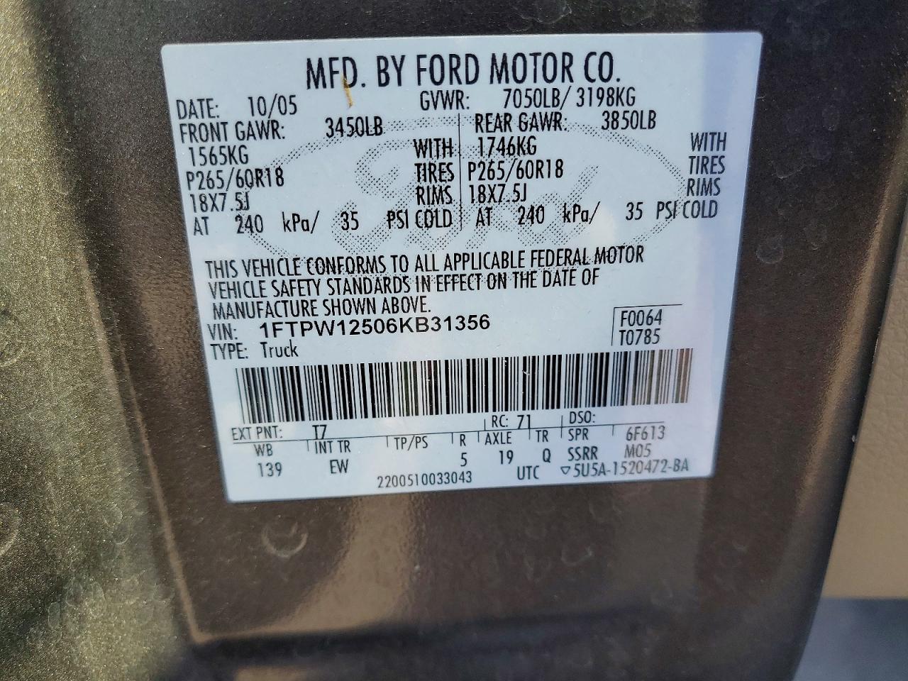 2006 Ford F150 Supercrew Gray vin: 1FTPW12506KB31356