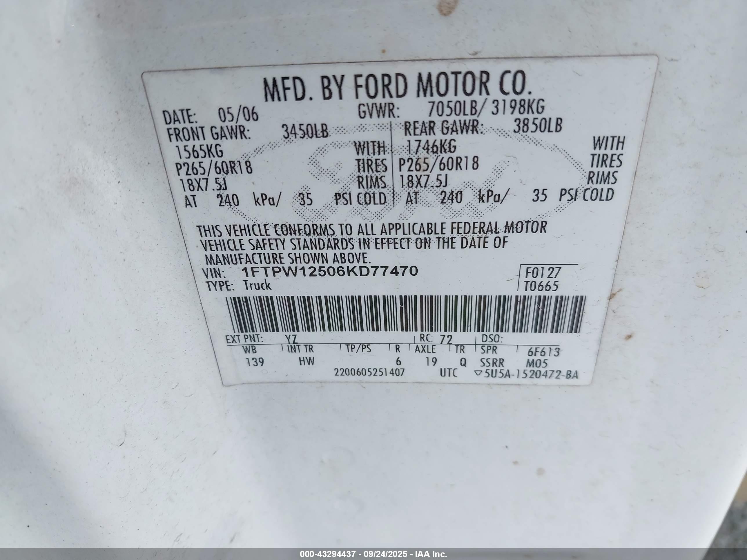 2006 Ford F-150 Lariat/xlt White vin: 1FTPW12506KD77470