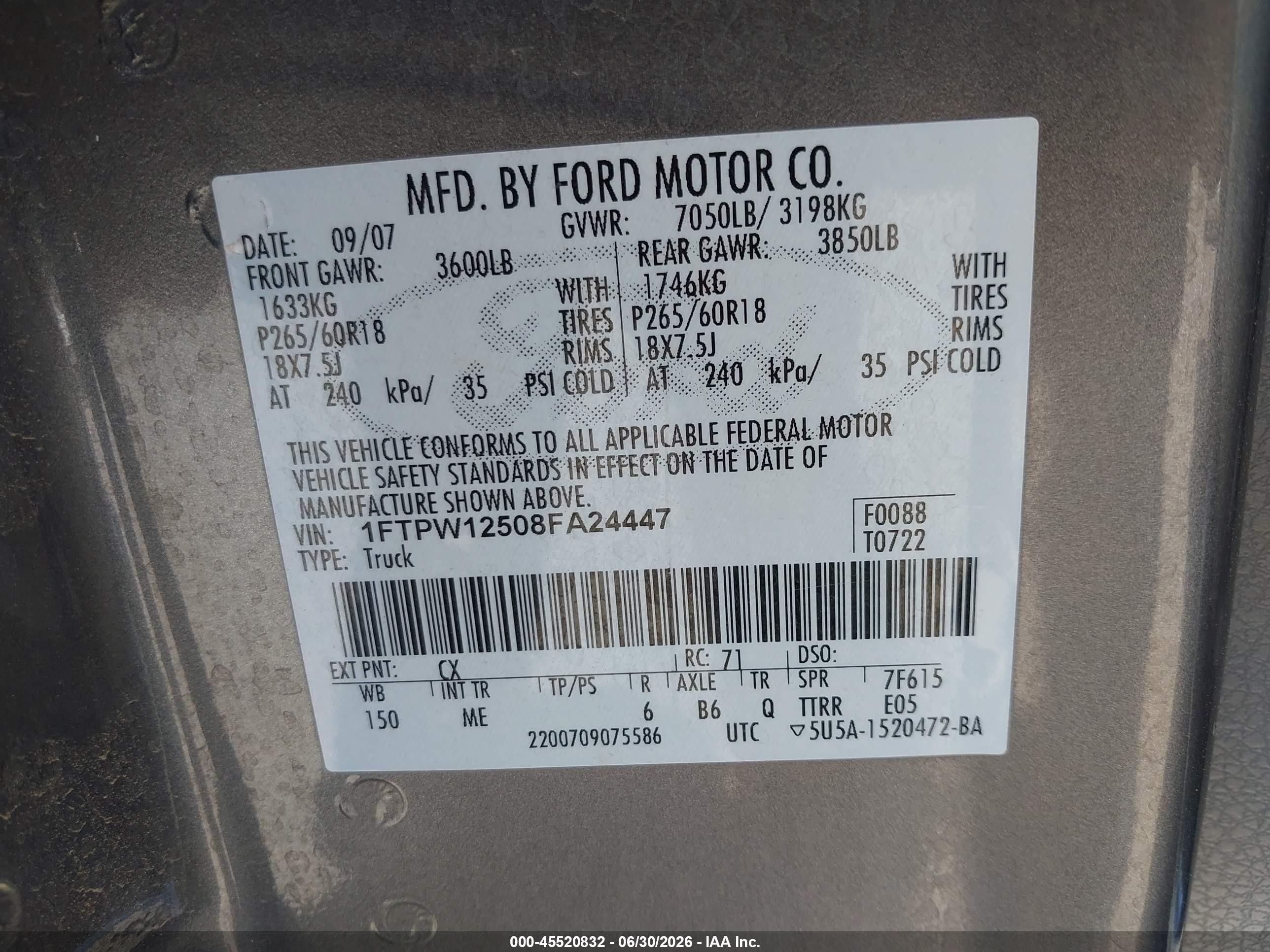 2008 Ford F-150 60th Anniversary/fx2/king Ranch/lariat/limited/xlt Gray vin: 1FTPW12508FA24447