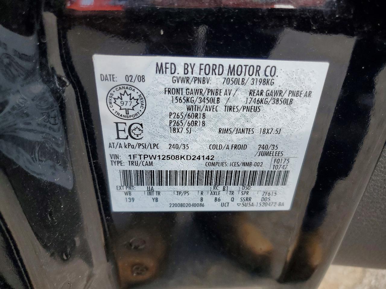 2008 Ford F150 Supercrew Black vin: 1FTPW12508KD24142