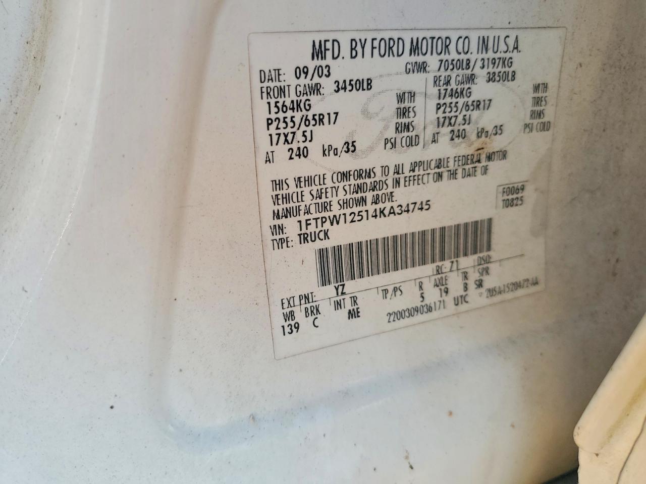 2004 Ford F150 Supercrew White vin: 1FTPW12514KA34745