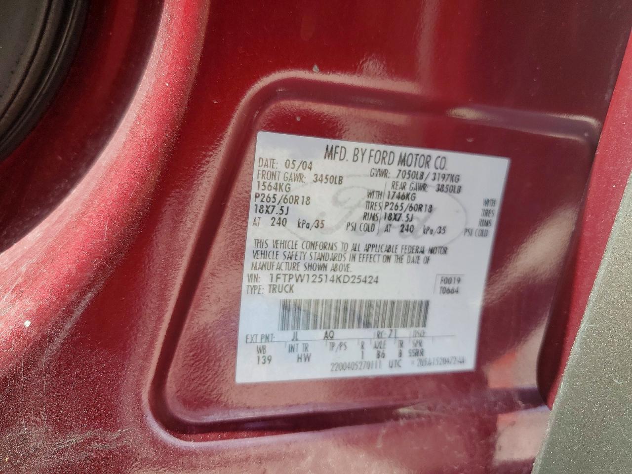 2004 Ford F150 Supercrew Burgundy vin: 1FTPW12514KD25424