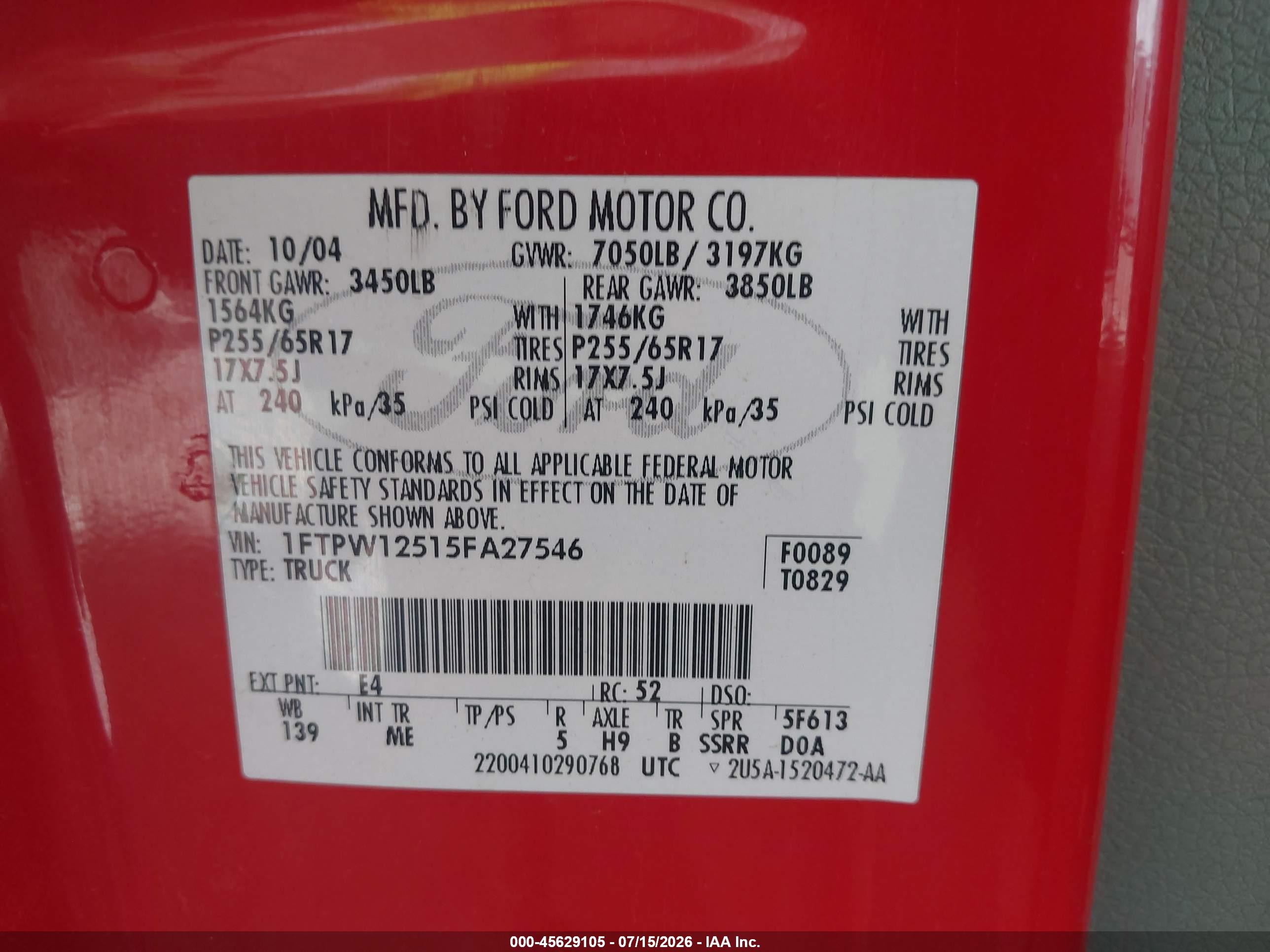 2005 Ford F-150 Lariat/xlt Red vin: 1FTPW12515FA27546
