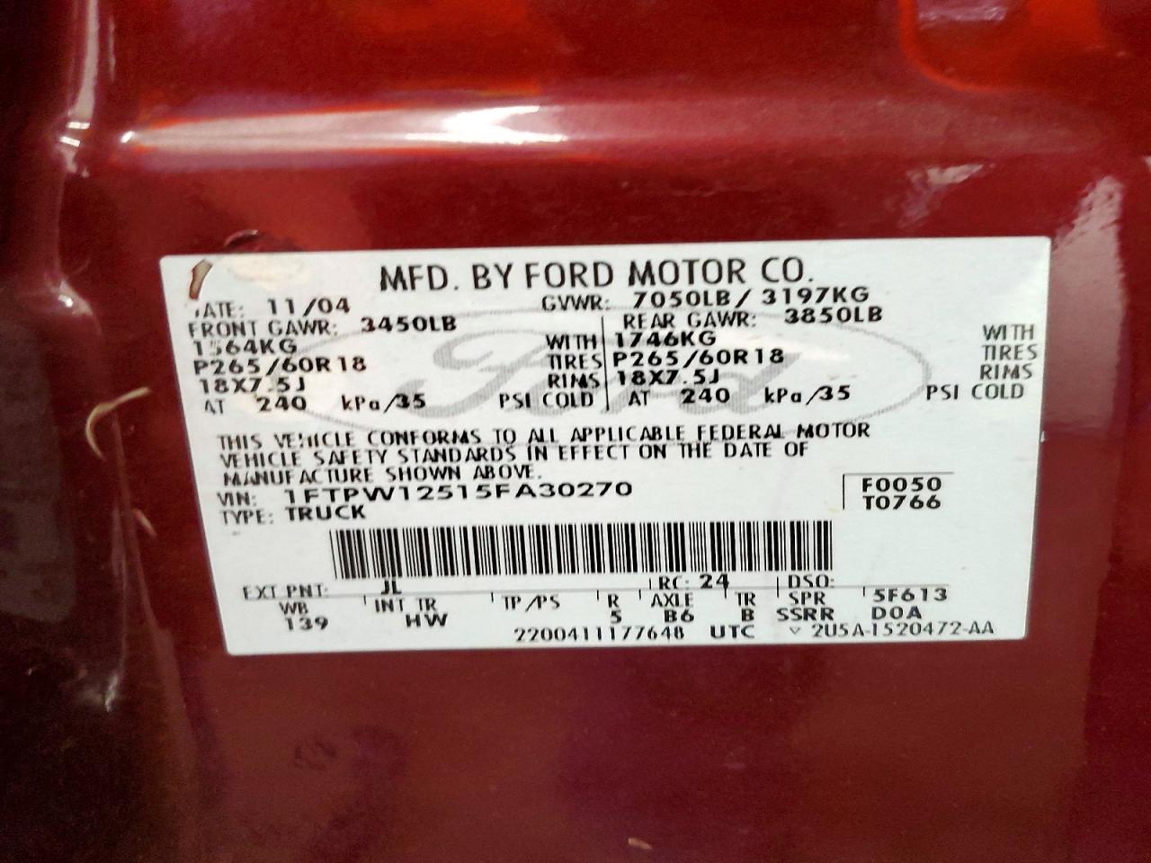 2005 Ford F150 Supercrew Burgundy vin: 1FTPW12515FA30270
