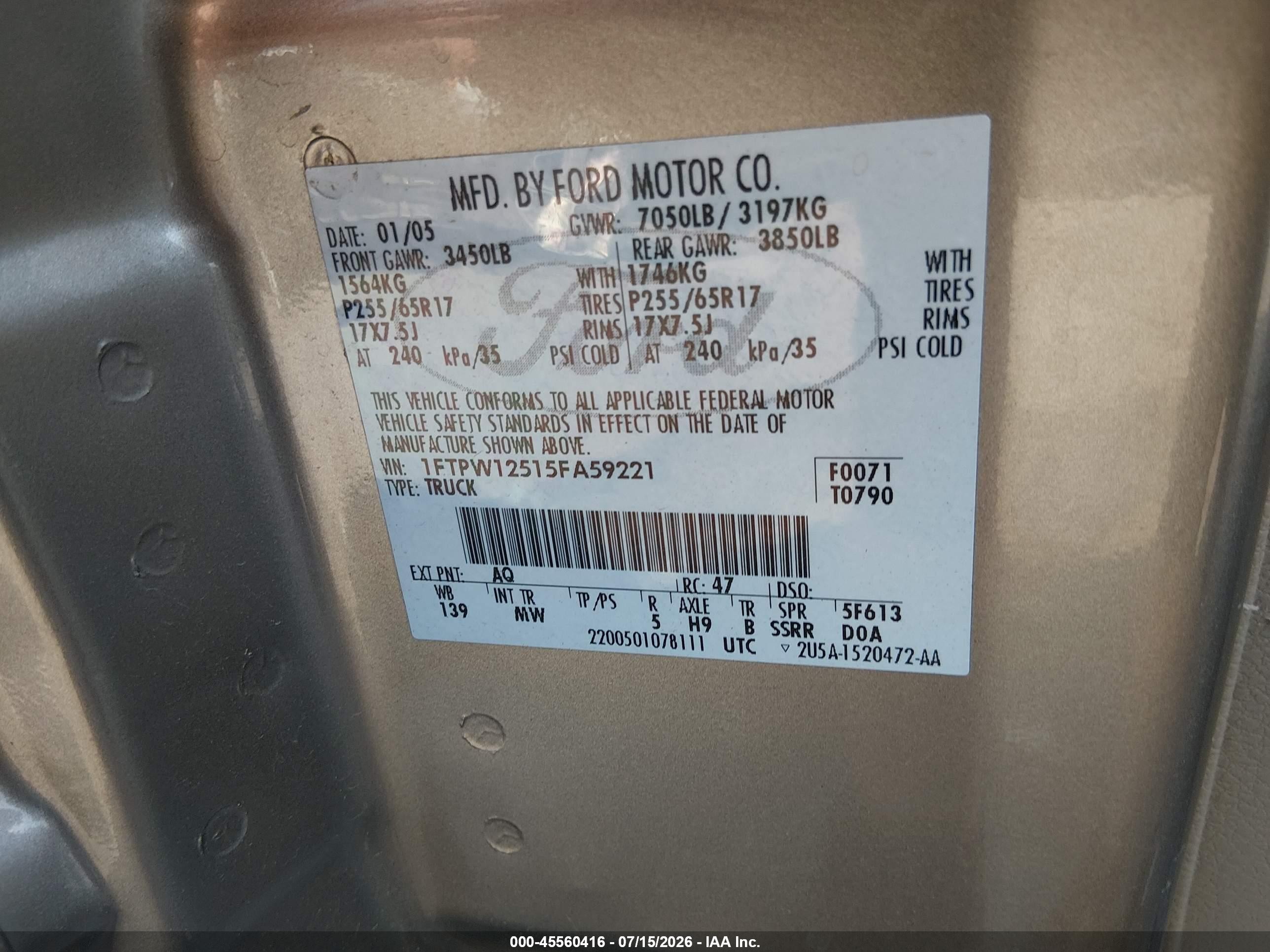 2005 Ford F-150 Lariat/xlt Tan vin: 1FTPW12515FA59221