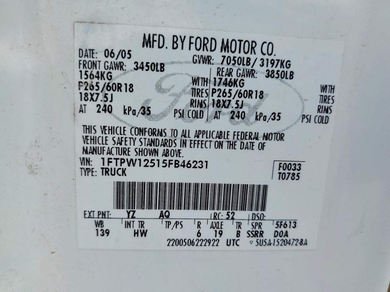 2005 Ford F150 Supercrew White vin: 1FTPW12515FB46231