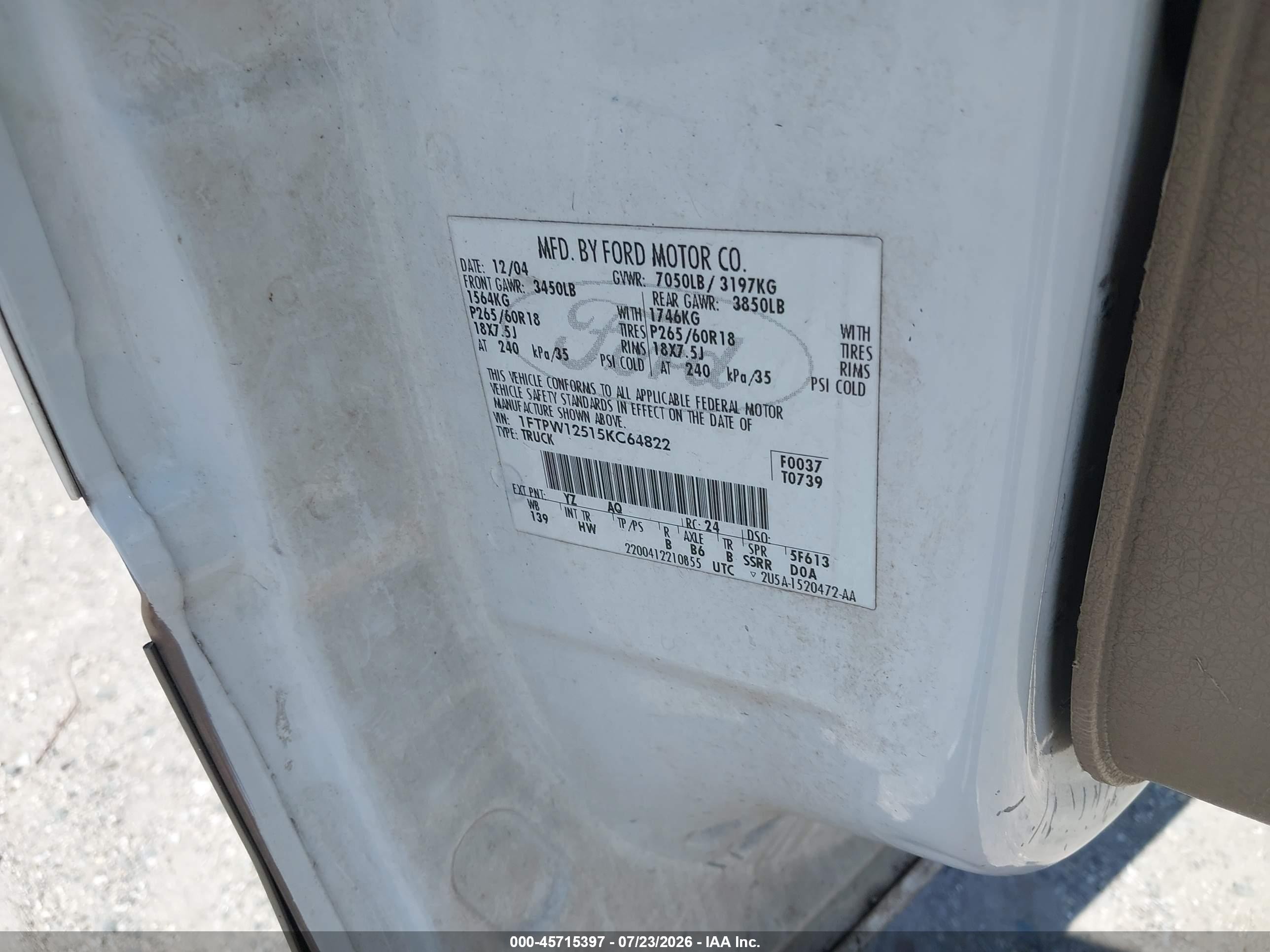 2005 Ford F-150 Lariat/xlt Белый vin: 1FTPW12515KC64822