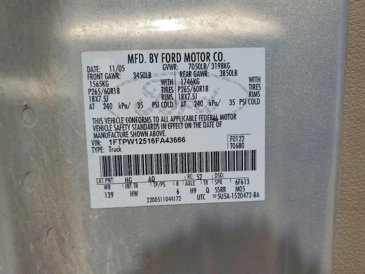 2006 Ford F150 Supercrew Silver vin: 1FTPW12516FA43666