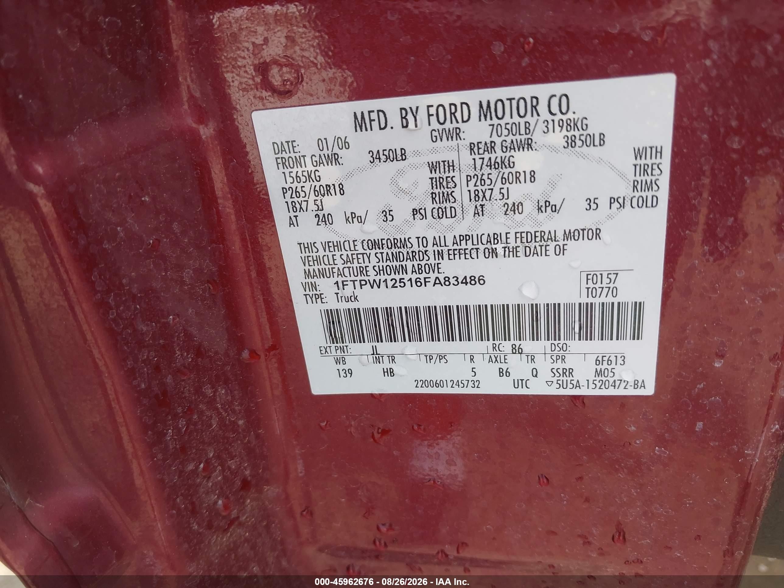 2006 Ford F-150 Lariat/xlt Maroon vin: 1FTPW12516FA83486