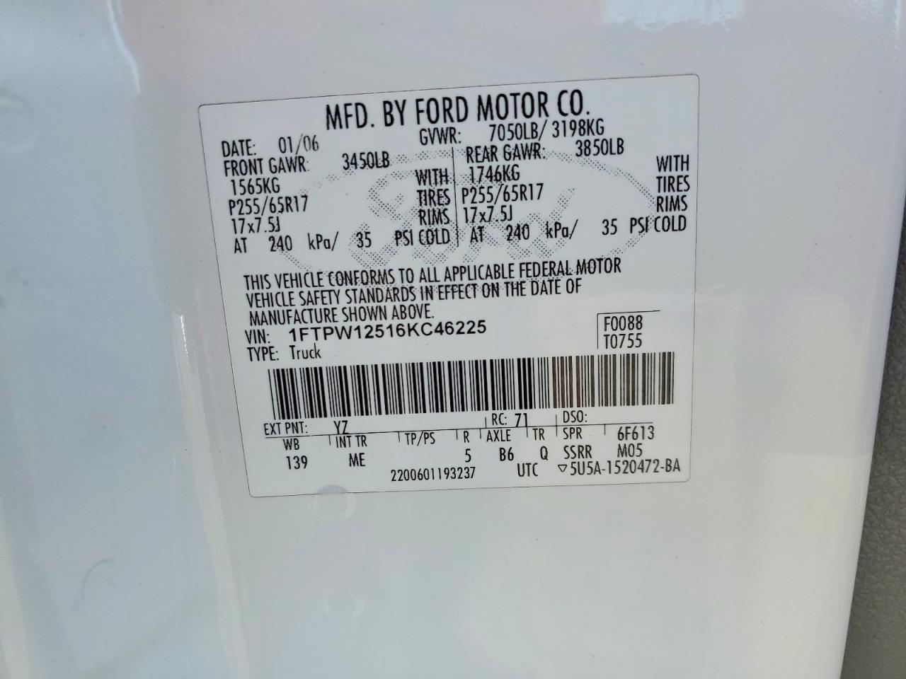 2006 Ford F150 Supercrew White vin: 1FTPW12516KC46225
