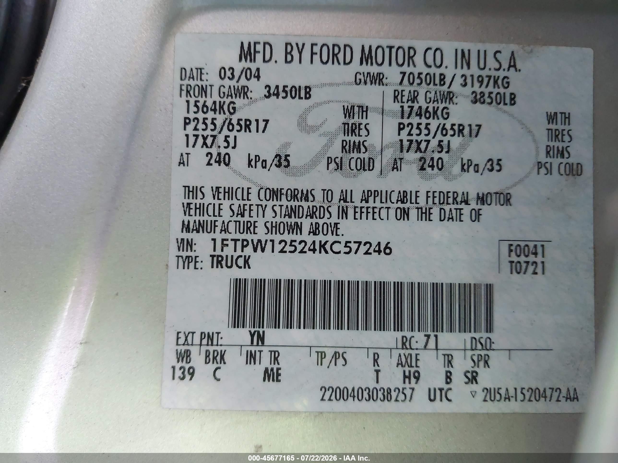 2004 Ford F-150 Lariat/xlt Silver vin: 1FTPW12524KC57246