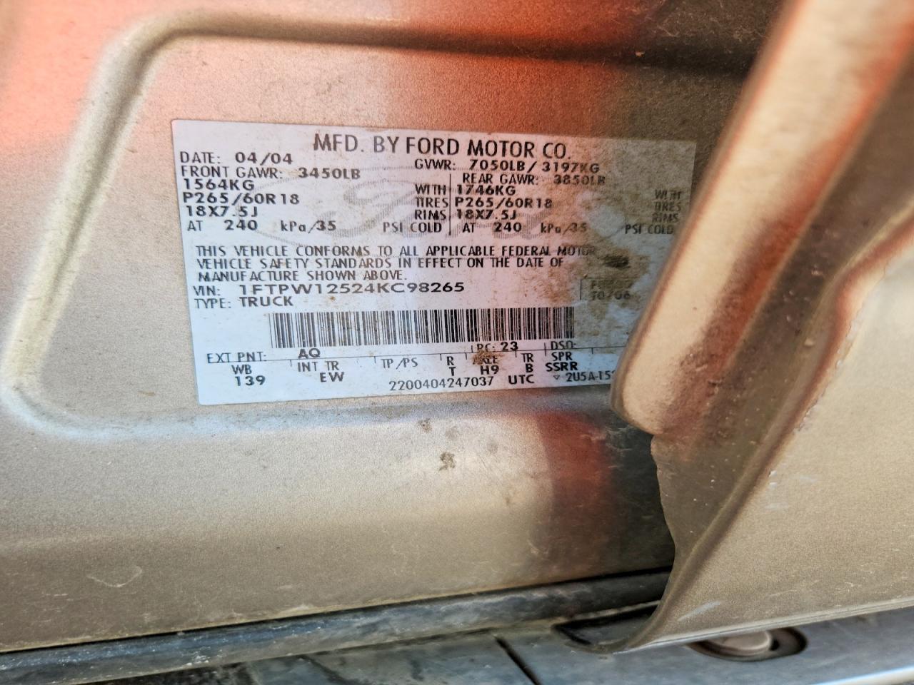 2004 Ford F150 Supercrew Gold vin: 1FTPW12524KC98265