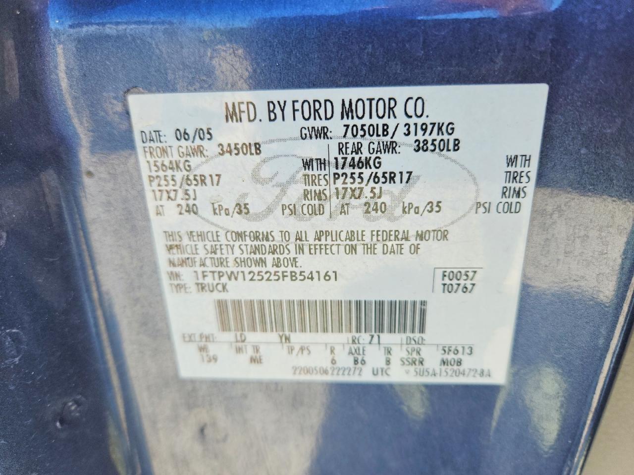 2005 Ford F150 Supercrew Blue vin: 1FTPW12525FB54161