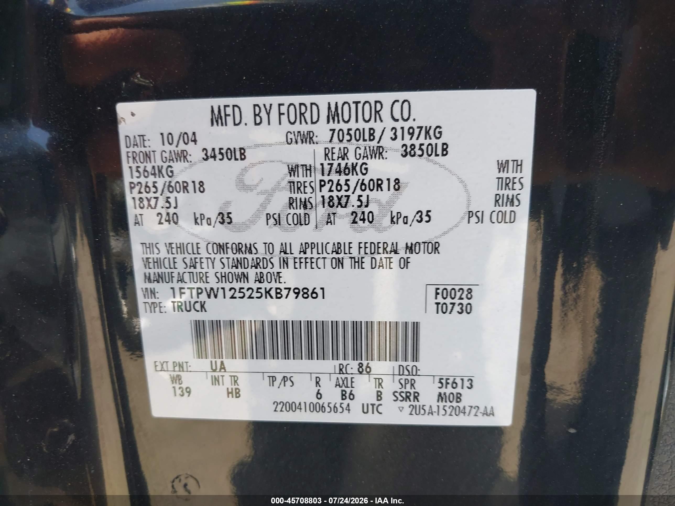 2005 Ford F-150 Lariat/xlt Black vin: 1FTPW12525KB79861