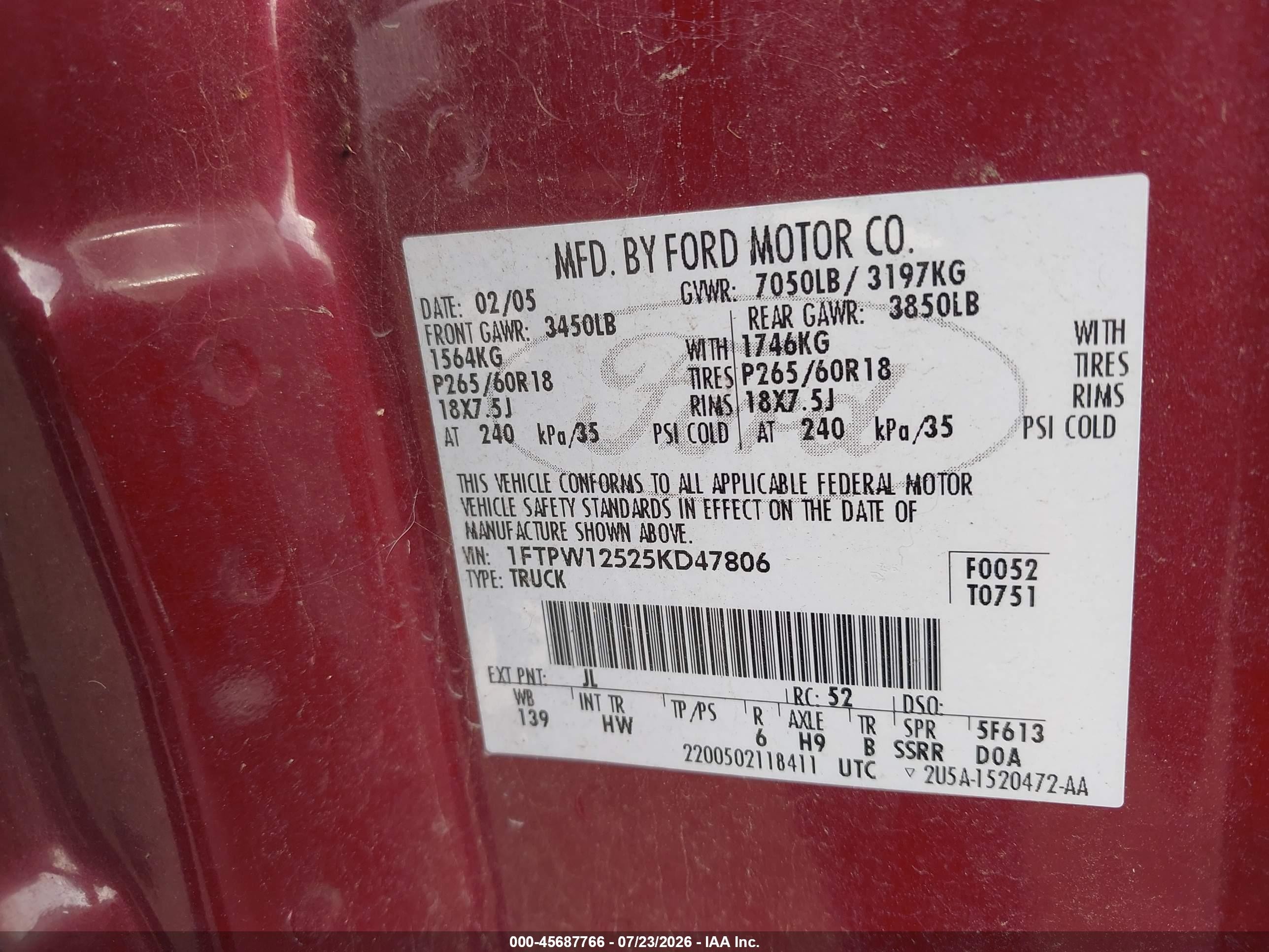 2005 Ford F-150 Lariat/xlt Maroon vin: 1FTPW12525KD47806