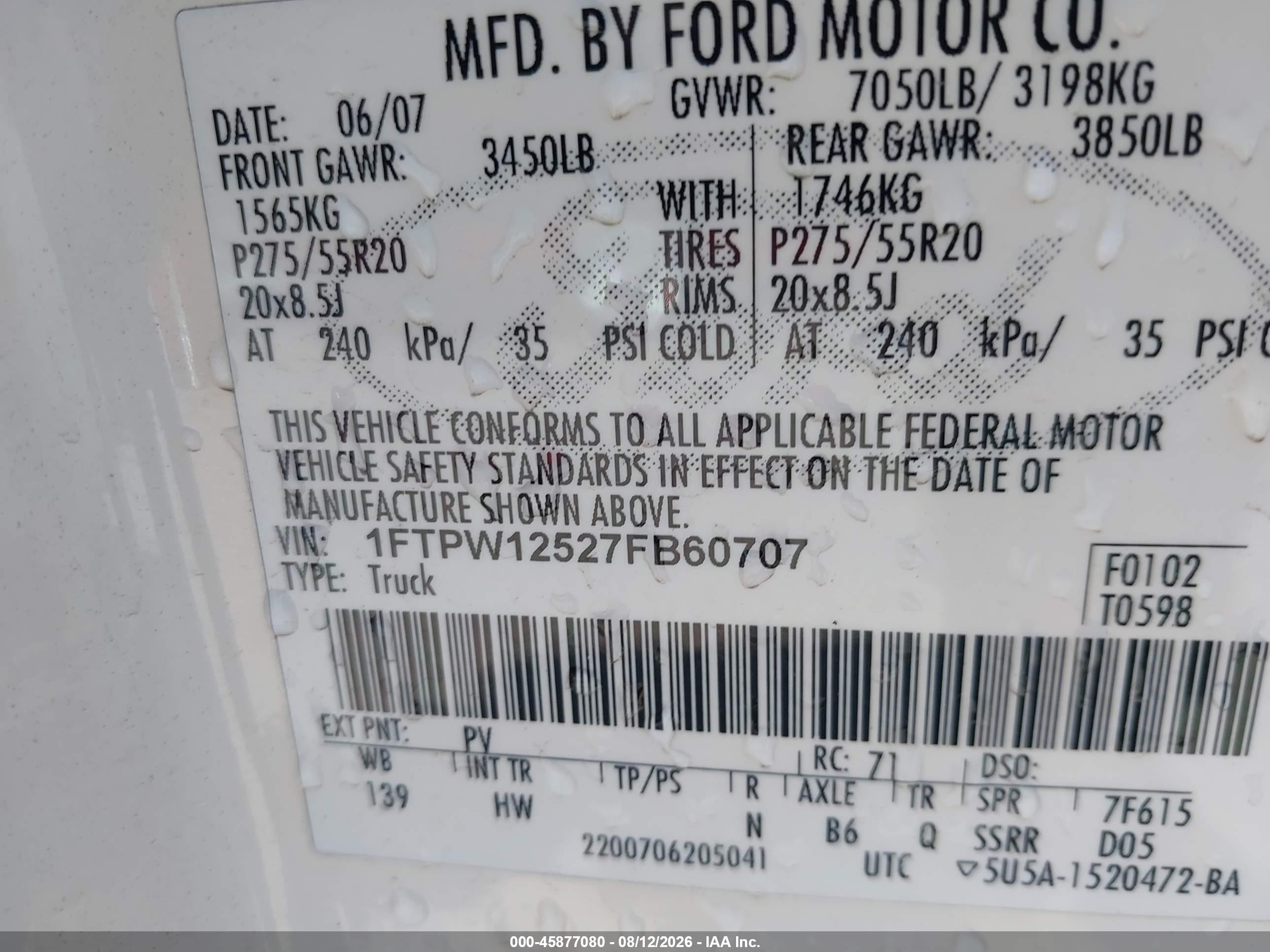 2007 Ford F-150 Lariat/xlt White vin: 1FTPW12527FB60707