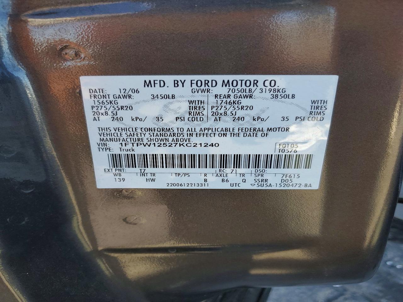 2007 Ford F150 Supercrew Gray vin: 1FTPW12527KC21240