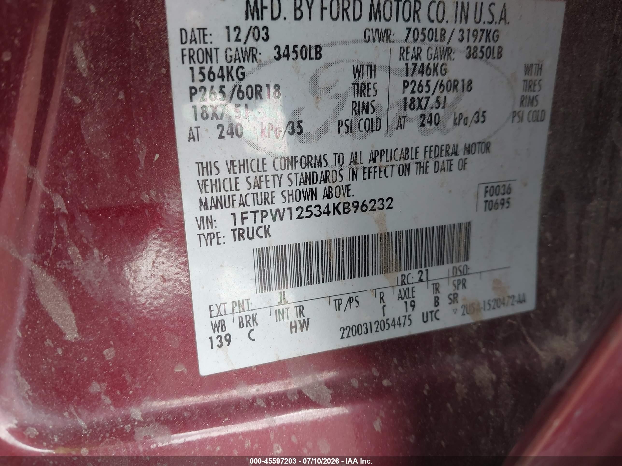 2004 Ford F-150 Lariat/xlt Burgundy vin: 1FTPW12534KB96232