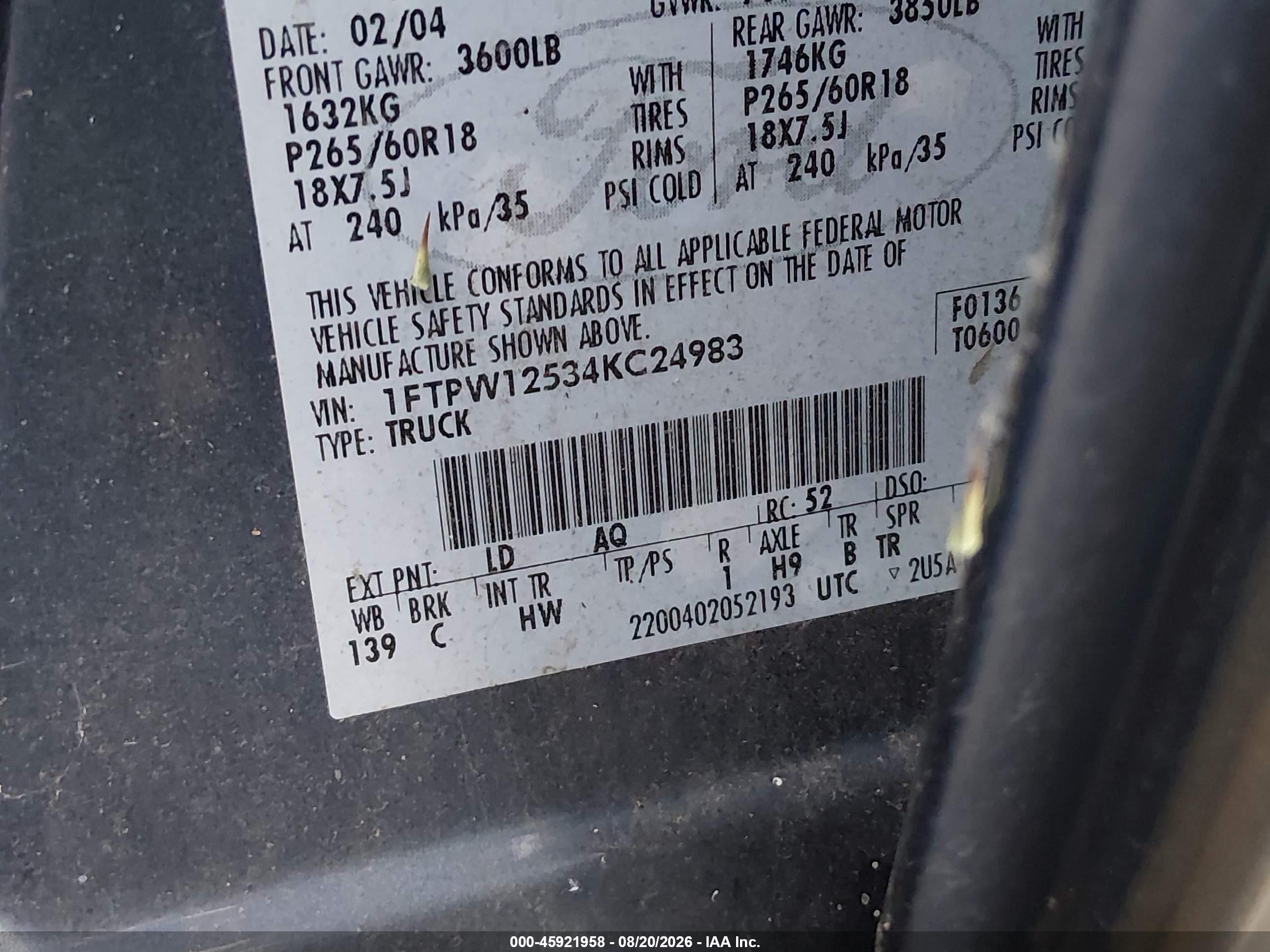 2004 Ford F-150 Lariat/xlt Blue vin: 1FTPW12534KC24983