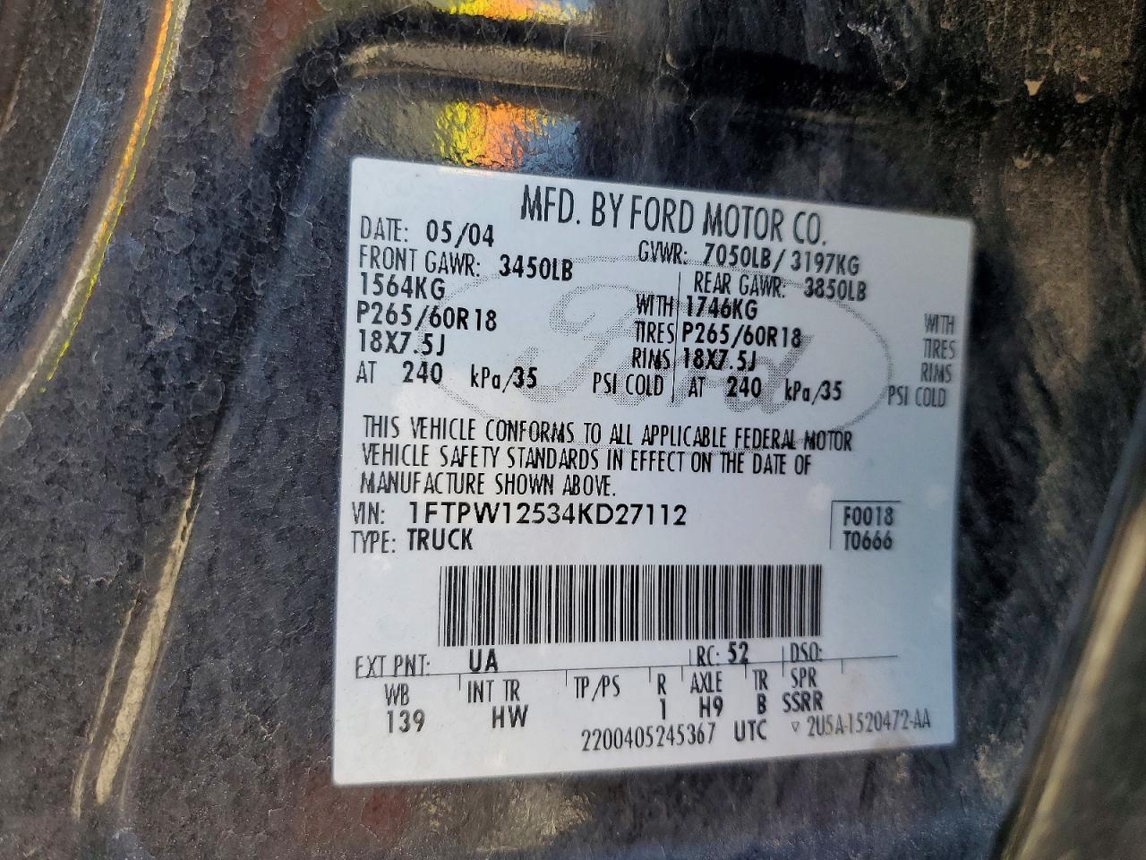 2004 Ford F150 Supercrew Black vin: 1FTPW12534KD27112