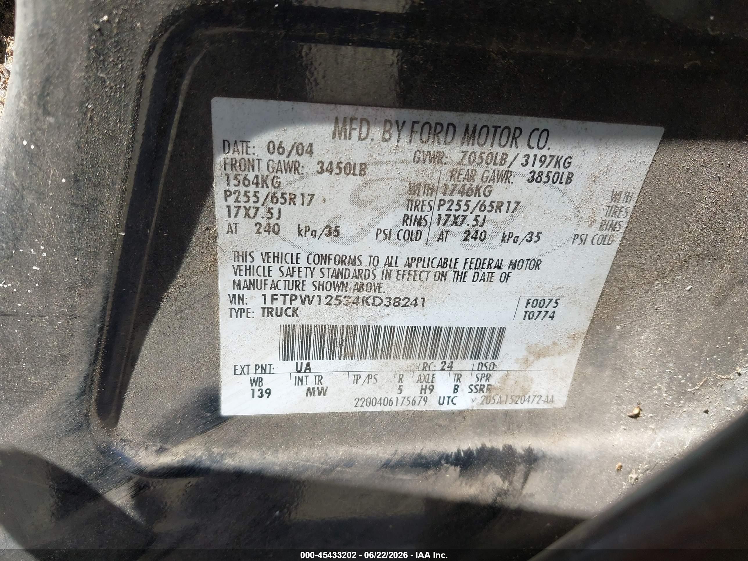 2004 Ford F-150 Lariat/xlt Black vin: 1FTPW12534KD38241