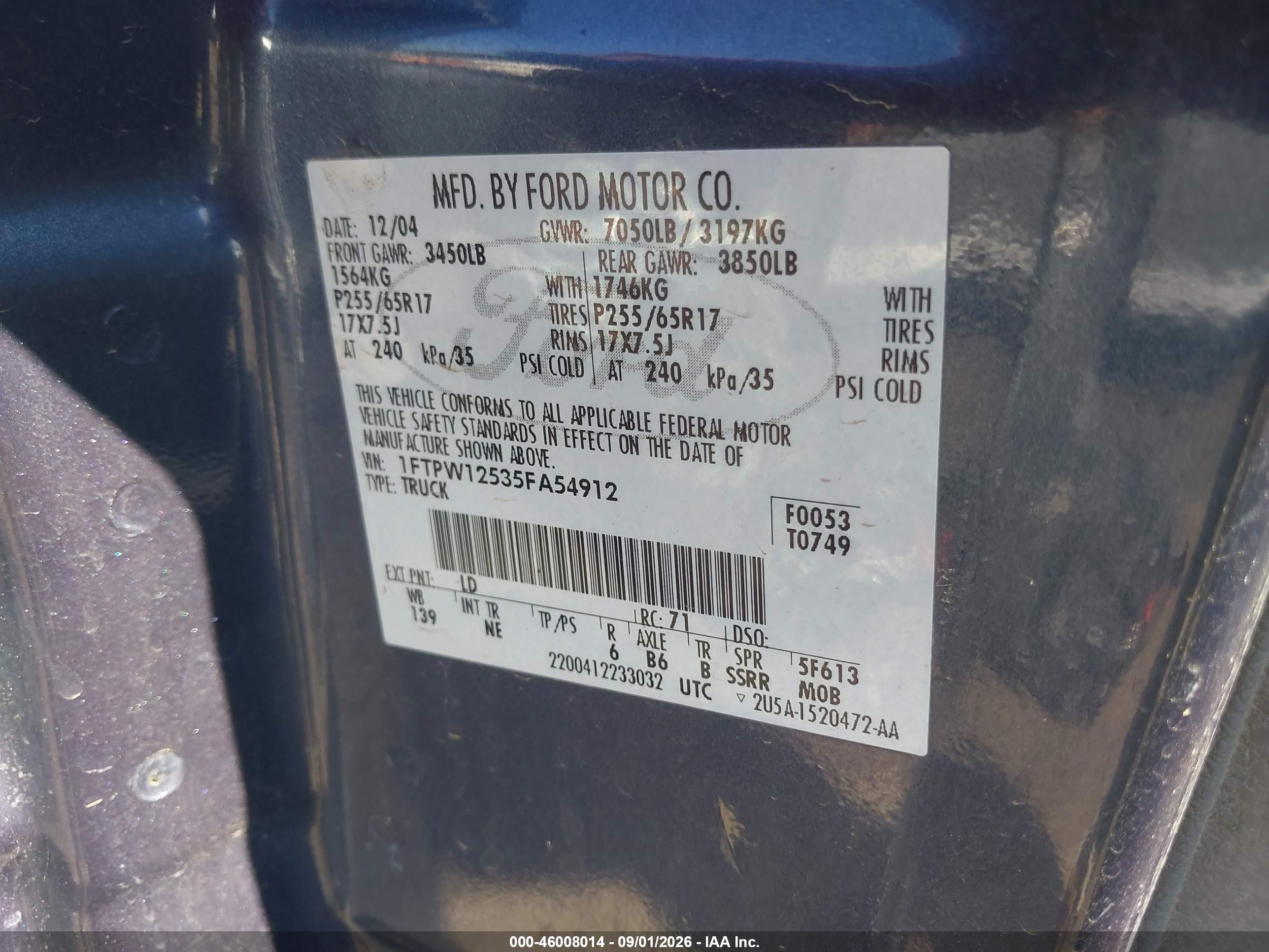 2005 Ford F-150 Lariat/xlt Blue vin: 1FTPW12535FA54912