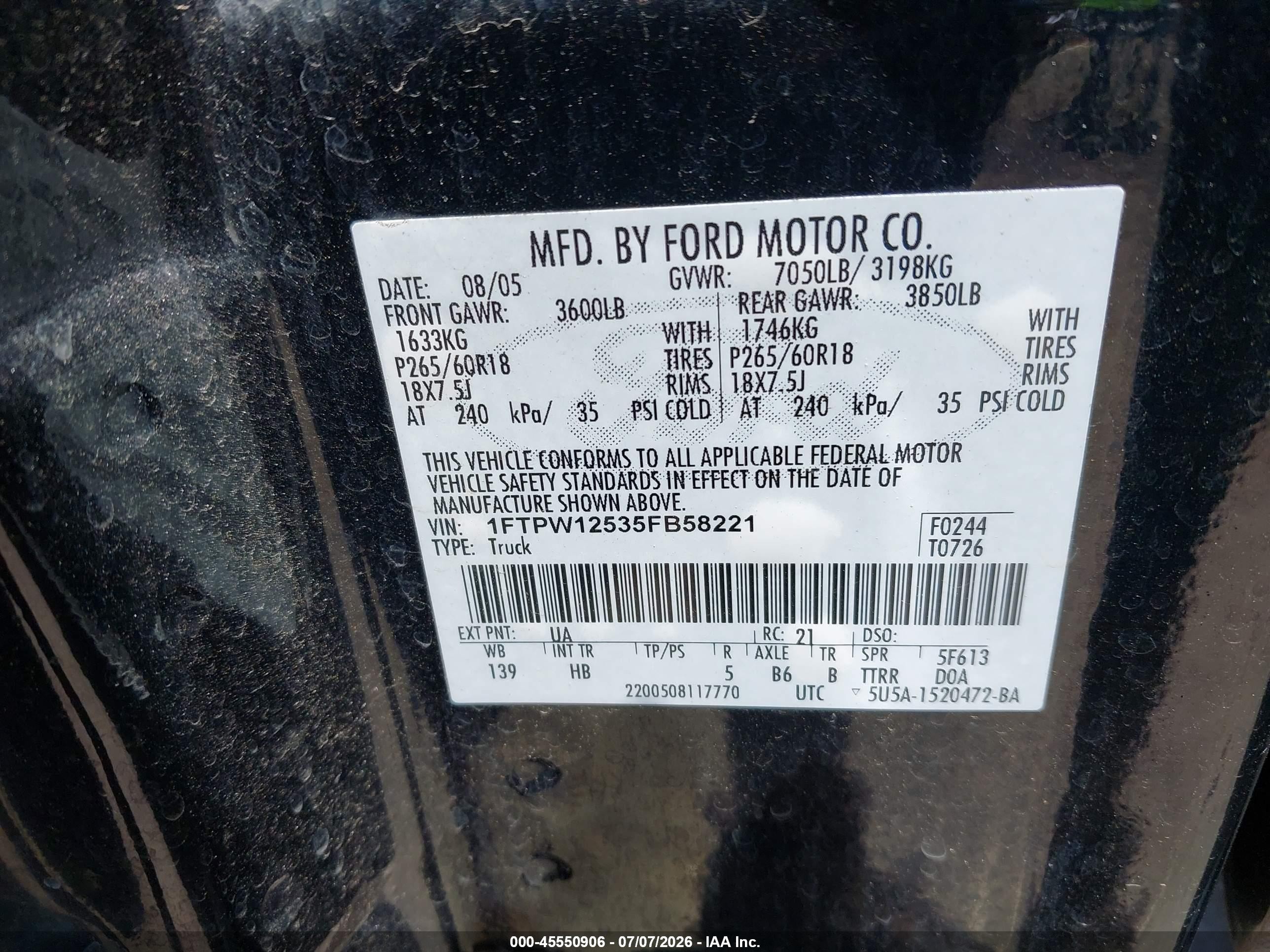 2005 Ford F-150 Lariat/xlt Black vin: 1FTPW12535FB58221